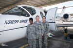 Left to right: Capt. Jacqueline Just, chief admissions and dispositions at JBSA-Fort Sam Houston; Chief Master Sgt. Katie McCool, 323rd Training Squadron superintendent at JBSA-Lackland; Master Sgt. Nicole Hicks, Air Force Personnel Center mission support assignments NCO in charge at JBSA-Randolph, are working with staff members from the JBSA Sexual Assault and Prevention Response Program and using their voices to advocate and help members throughout JBSA. The three were provided a survivors’ flight in a T-1 Jayhawk May 1 by the 12th Flying Training Wing at JBSA-Randolph. (U.S. Air Force photo by Johnny Saldivar)