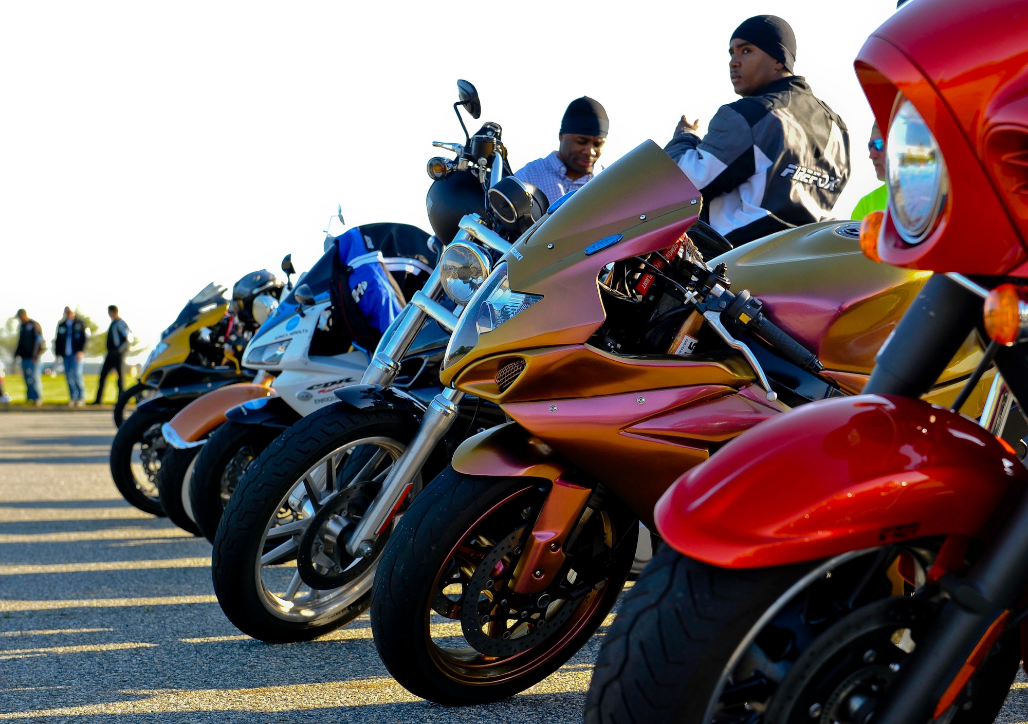 Motorcycle riders await the start of the 4th Annual Standing Together Against Rape Road Rally at Langley Air Force Base, Va., April 29, 2015. More than 75 motorcyclists came out to participate in the rally. (U.S. Air Force photo by Senior Airman Breonna Veal/Released)