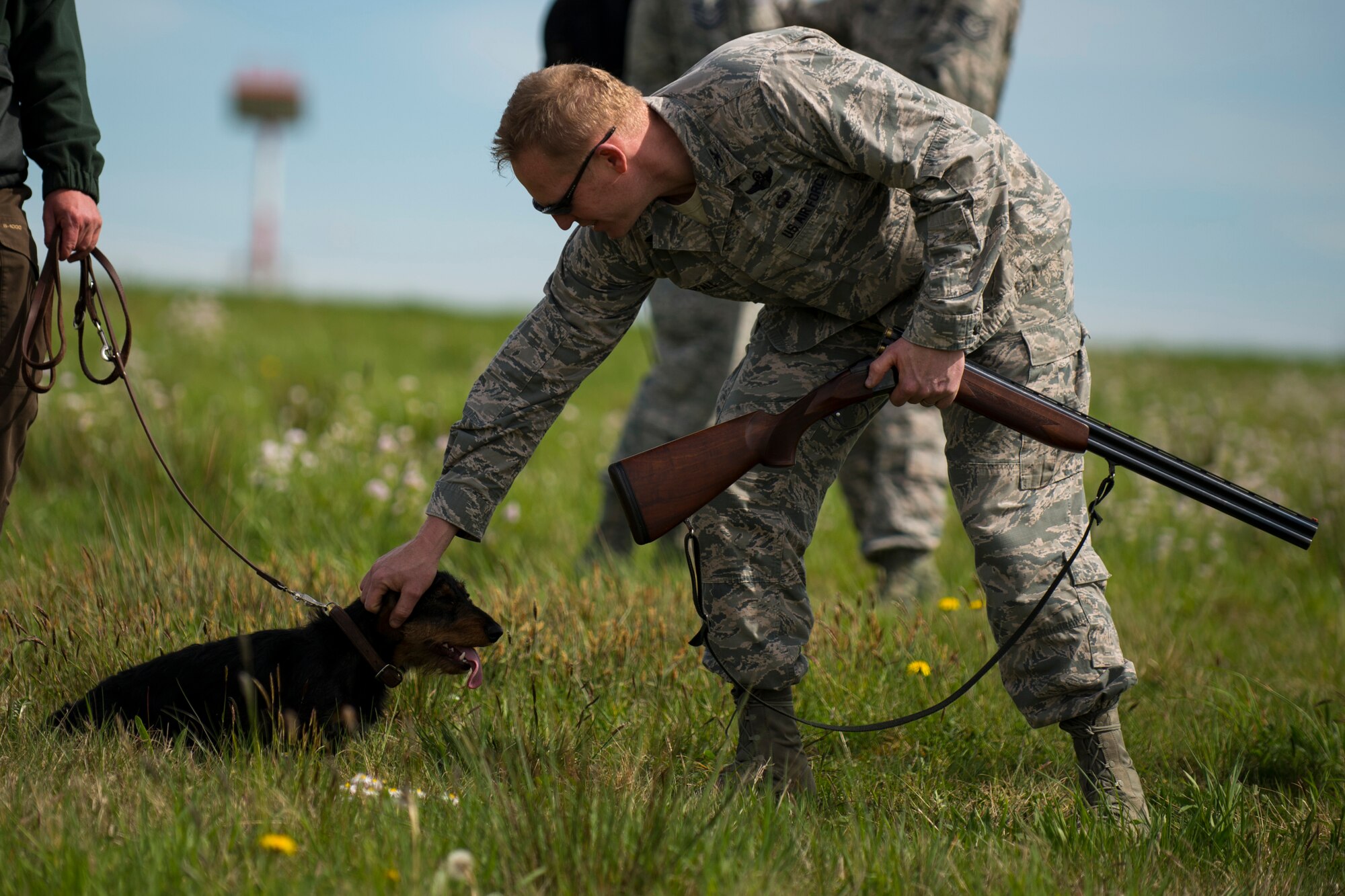 U.S. Air Force Col. Joe McFall, 52nd Fighter Wing commander, pats the top of a hunting dog’s head during a walking line along the runway at Spangdahlem Air Base, Germany, May 4, 2015. McFall observed and participated in the various programs the base has implemented to control wildlife. (U.S. Air Force photo by Airman 1st Class Luke Kitterman/Released)