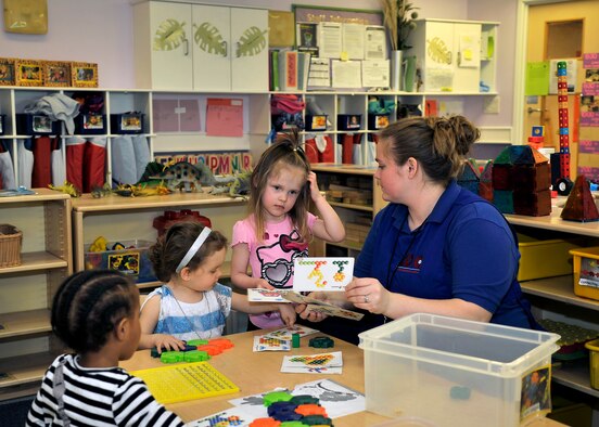 Meghan Carrel, right, RAF Mildenhall Child Development Center staff member from Redding, Calif., teaches children April 15, 2015, at the CDC on RAF Mildenhall, England. The CDC team was recently chosen as the Air Force’s best Child Development Program of the Year 2014. (U.S. Air Force photo by Airman 1st Class Kyla Gifford/Released)