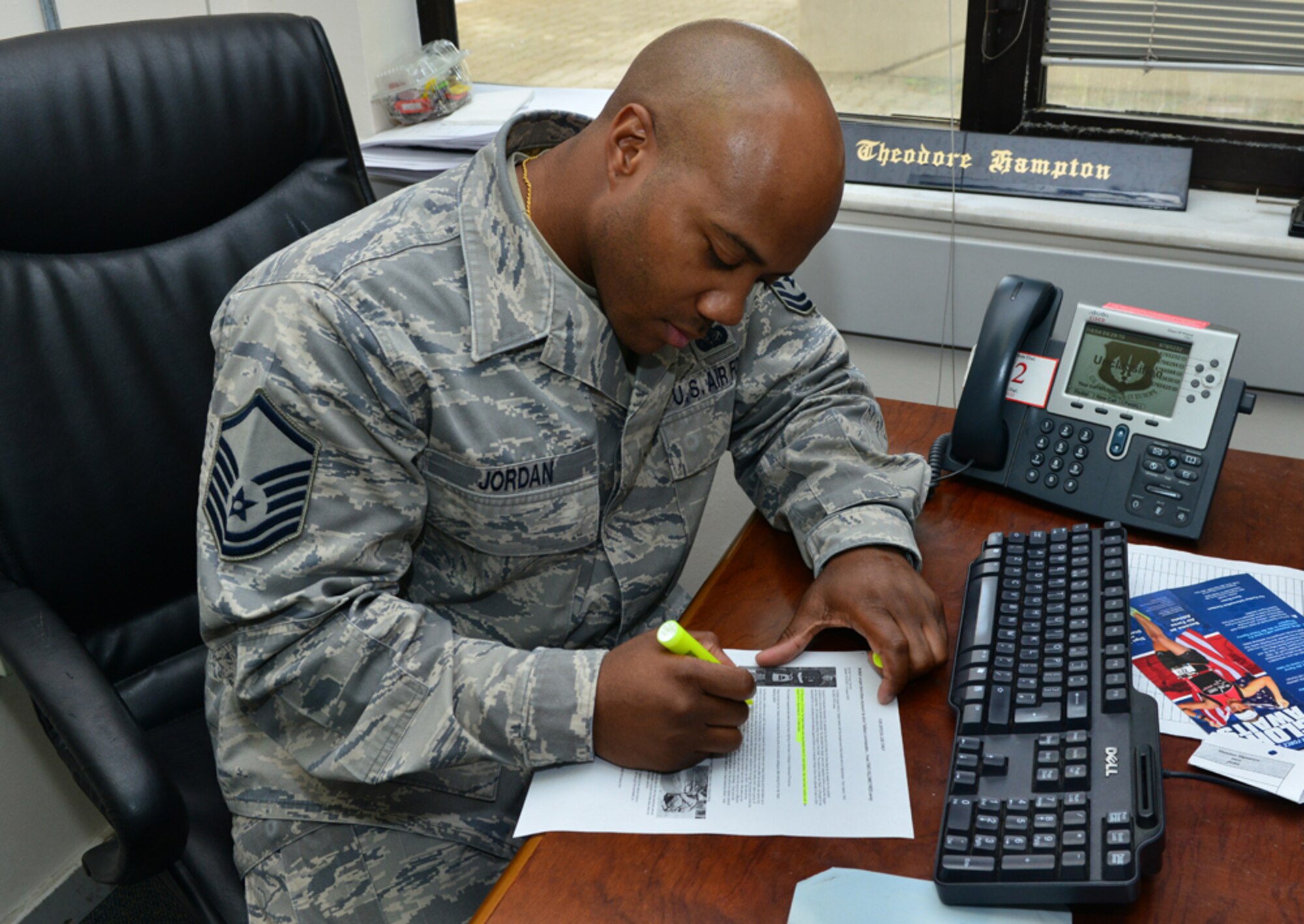Master Sgt. Dion Jordan, 39th Force Support Squadron fitness and sports superintendent, completes an operation security assessment during a base-wide exercise April 29, 2015, at Incirlik Air Base, Turkey. Jordan was among several individuals randomly selected to complete the assessment. (U.S. Air Force photo by Senior Airman Michael Battles/Released)