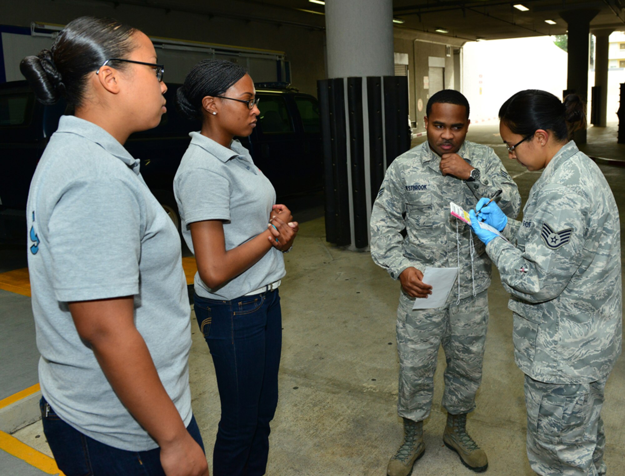 Staff Sgt. Maya Baker, 39th Medical Operations Squadron flight medicine technician performs an injury assessment on patient role players during a base-wide exercise April 29, 2015, at Incirlik Air Base, Turkey. As part of the scenario, members of the 39th Medical Group were tested on their ability to rapidly respond and provide care during a simulated emergency. (U.S. Air Force photo by Senior Airman Michael Battles/Released)