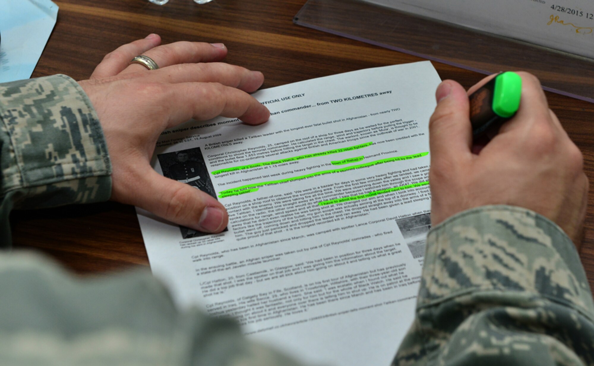 A member of the 39th Force Support Squadron completes an operational security knowledge assessment during a base-wide exercise April 29, 2015, at Incirlik Air Base, Turkey. Along with operational security, members of Team Incirlik were test on their ability to process a deployment line, place barriers and use their chemical, biological, radiological and nuclear gear. (U.S. Air Force photo by Senior Airman Michael Battles/Released)