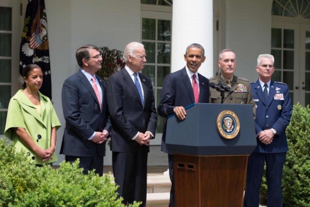 President Barack Obama delivers remarks announcing Marine Corps Gen. Joseph F. Dunford, Jr. as the nominee for chairman of the Joint Chiefs of Staff, and Air Force Gen. Paul J. Selva, far right, as the nominee for vice chairman of the Joint Chiefs of Staff, in the Rose Garden of the White House, May 5, 2015. National Security Advisor Susan E. Rice, Defense Secretary Ash Carter and Vice President Joe Biden participated. White House photo by Pete Souza
