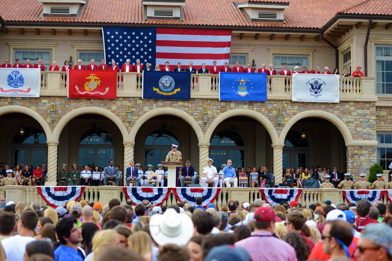 Marine Corps Sgt. Maj. Bryan B. Battaglia, senior enlisted advisor to the chairman of the Joint Chiefs of Staff, speaks at a PGA Tour and The Players Championship military appreciation day ceremony at the TPC Sawgrass clubhouse lawn in Ponte Vedra Beach, Fla., May 15, 2015. DoD photo by Army Sgt. 1st Class Tyrone C. Marshall Jr.