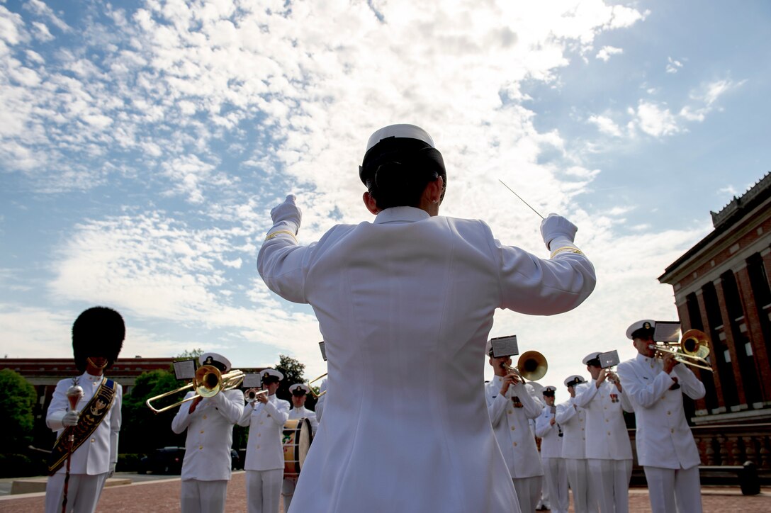 U.S. Navy Band Ceremonial Unit members perform the U.S. and British national anthems at the National Defense University on Fort Lesley J. McNair in Washington, D.C., May 5, 2015.