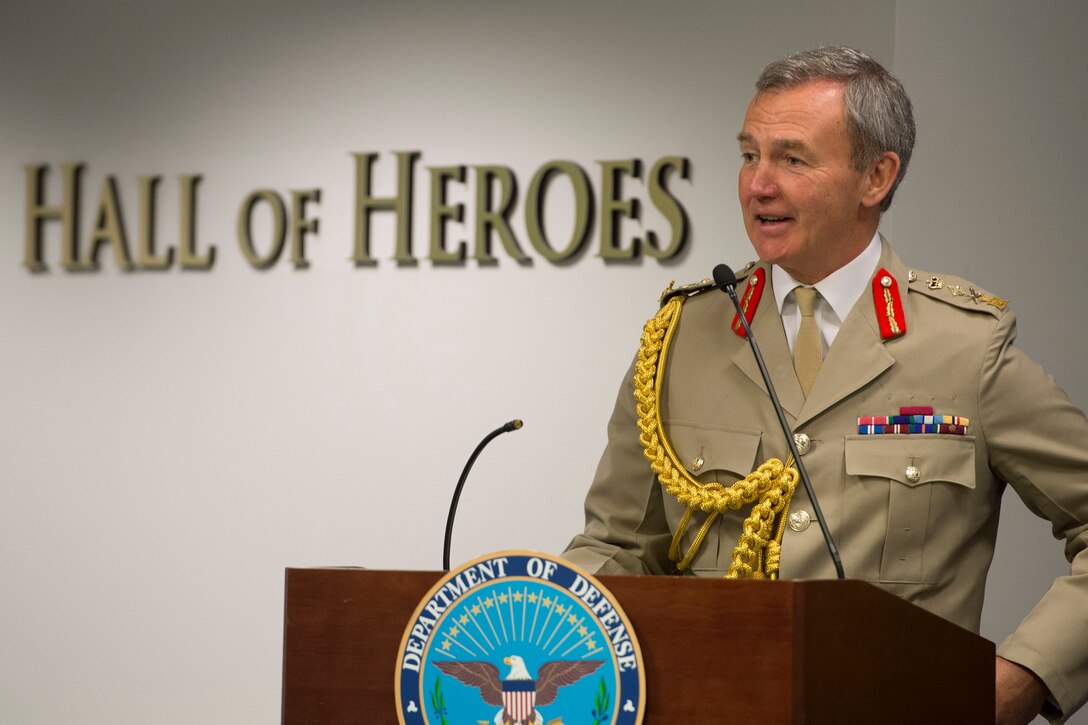 British Chief of Defense Staff Gen. Nick Houghton delivers remarks during a ceremony in which he is presenting a bust of Sir Winston Churchill to the Defense Department on behalf of the United Kingdom defense ministry at the Pentagon, May 6, 2015.