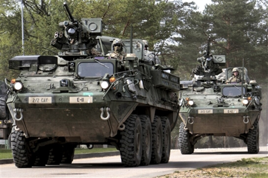 U.S. soldiers pull into the General Silvestras Zlikaliskas Training Area in Pabrade, Lithuania, May 1, 2015, to prepare for an upcoming live-fire exercise. U.S. and Lithuanian soldiers plan to train together as part of Operation Atlantic Resolve, an ongoing exercise U.S. and NATO partners conduct in Europe. 
