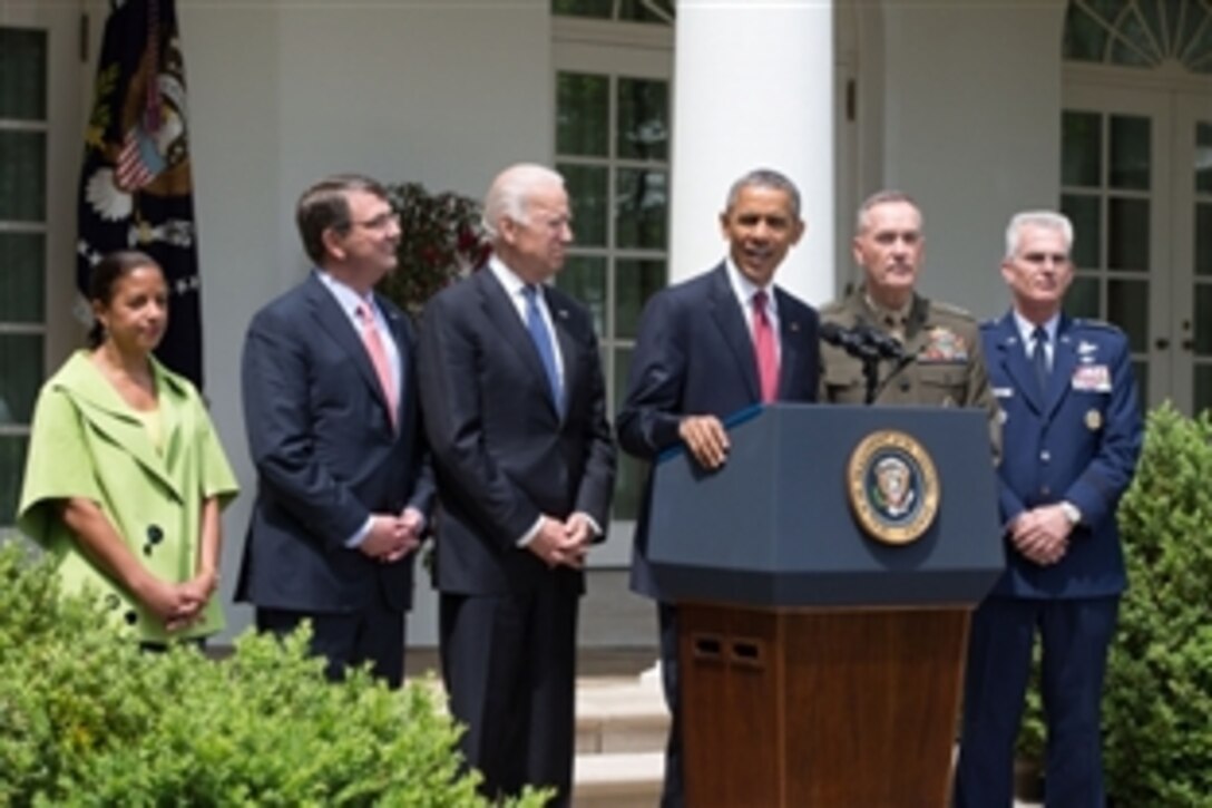 President Barack Obama delivers remarks announcing Marine Corps Gen. Joseph F. Dunford, Jr. as the nominee for chairman of the Joint Chiefs of Staff, and Air Force Gen. Paul J. Selva, far right, as the nominee for vice chairman of the Joint Chiefs of Staff, in the Rose Garden of the White House, May 5, 2015. National Security Advisor Susan E. Rice, Defense Secretary Ash Carter and Vice President Joe Biden participated. 