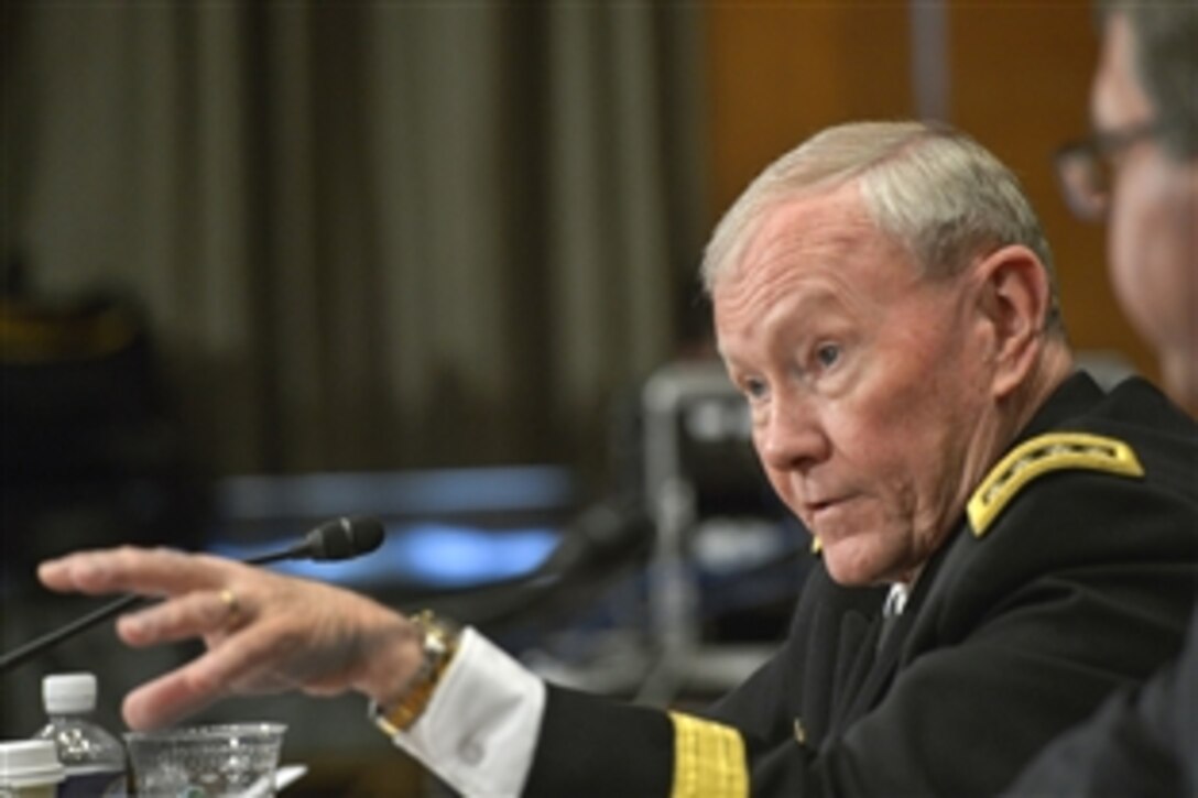 Army Gen. Martin E. Dempsey, chairman of the Joint Chiefs of Staff, testifies before the Senate Appropriations Committee's defense subcommittee in Washington, D.C., May 6, 2015. Dempsey and Defense Secretary Ash Carter offered comments to support the president's fiscal year 2016 defense budget. 
