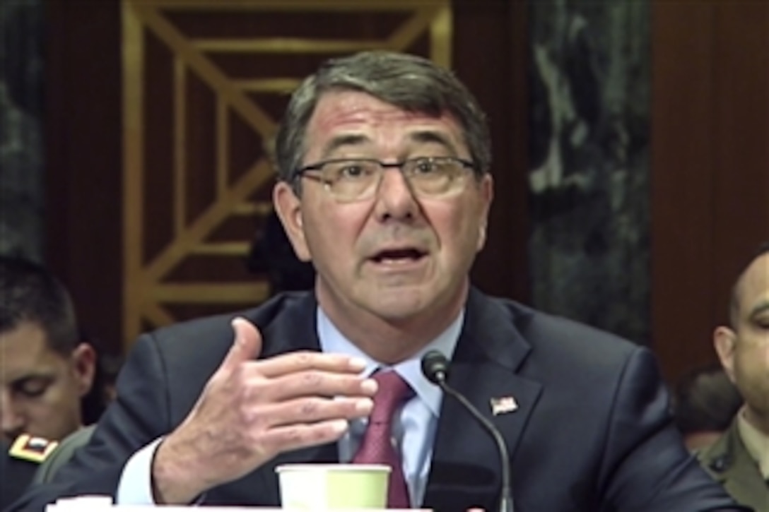 Defense Secretary Ash Carter testifies on defense posture before the Senate Appropriations Committee's defense subcommittee in Washington, D.C., May 6, 2015. Army Gen. Martin E. Dempsey, chairman of the Joint Chiefs of Staff, also testified during the hearing.