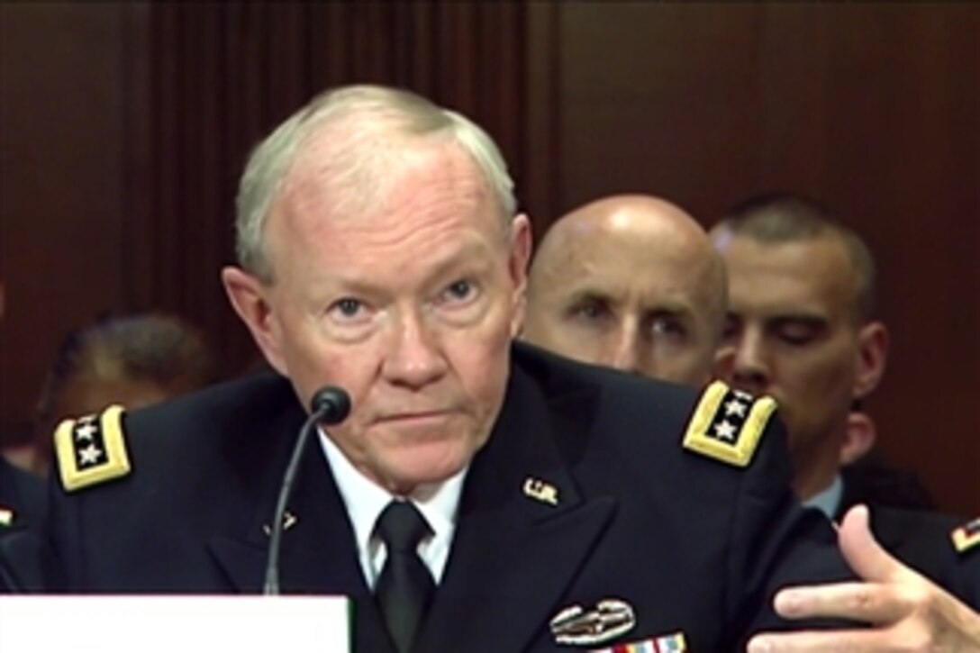 Army Gen. Martin E. Dempsey, chairman of the Joint Chiefs of Staff, testifies on defense posture before the Senate Appropriations Committee's defense subcommittee in Washington, D.C., May 6, 2015. Defense Secretary Ash Carter provided opening remarks and both responded to questions during the hearing.