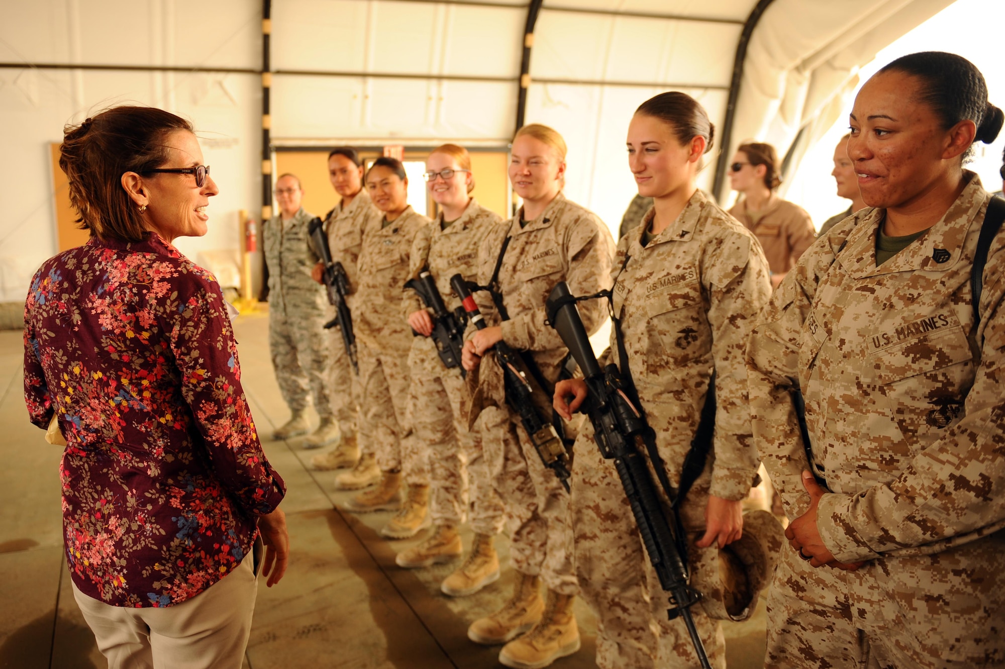 Rep. Martha McSally, House Armed Services Committee, visits with female U.S. Service members in Southwest Asia, May, 5, 2015. McSally and other members of the House Armed Services Committee visted the region shortly before Mother’s Day to conduct oversight of U.S. operations, with a focus on the contribution, efforts and concerns of women in the Armed Forces . (U.S. Air Force photo/Tech. Sgt. Brittany E. Jones/Released)