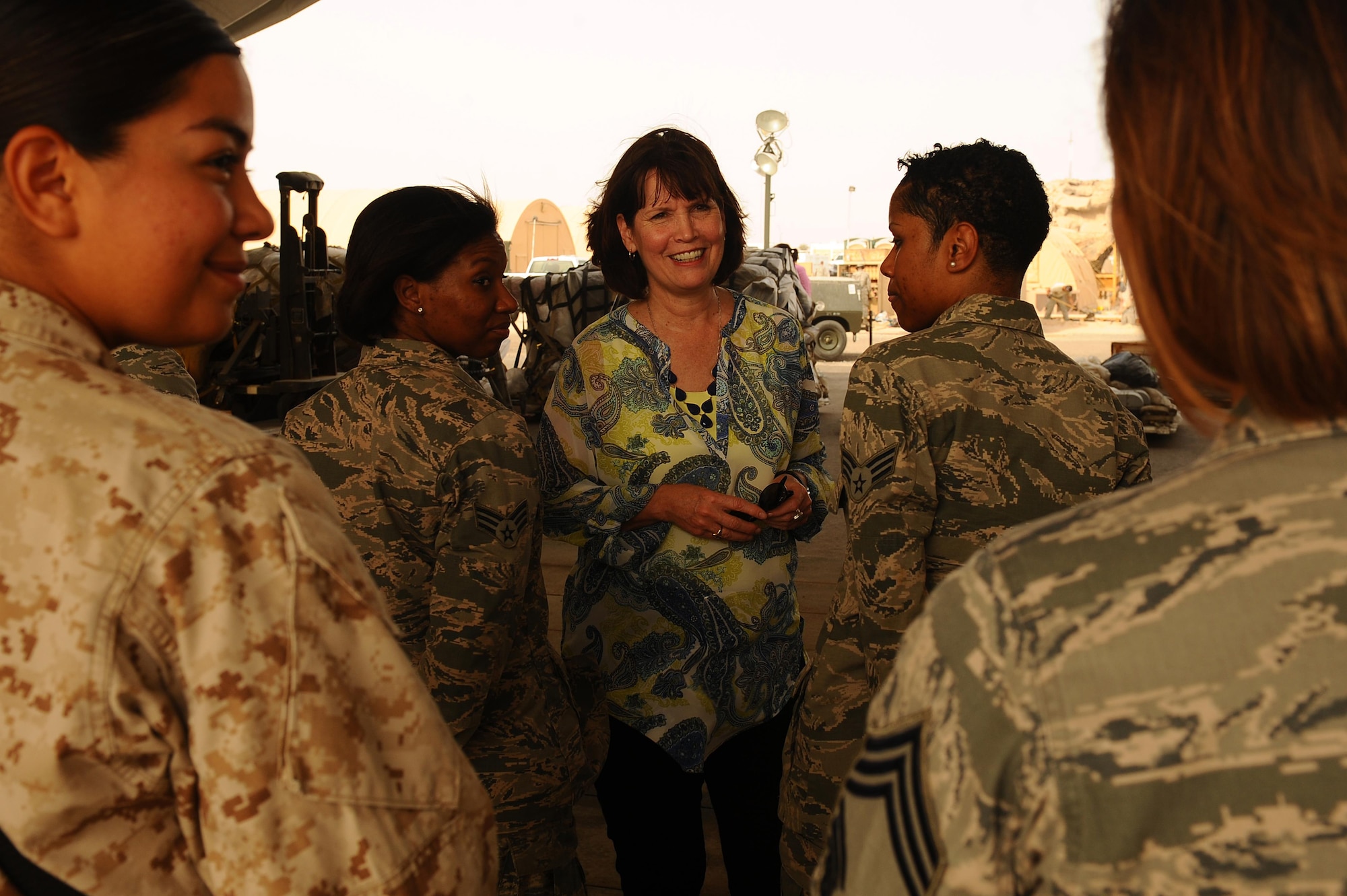 Rep. Betty McCollum, Appropriations Committee, speaks with female U.S. Service members supporting U.S. Central Command operations during a visit to Southwest Asia, May, 5, 2015. The House Armed Services Committee members and staff visited the region shortly before Mother’s Day with a focus on the contribution, efforts and concerns of women in the Armed Forces. (U.S. Air Force photo/Tech. Sgt. Brittany E. Jones/Released)