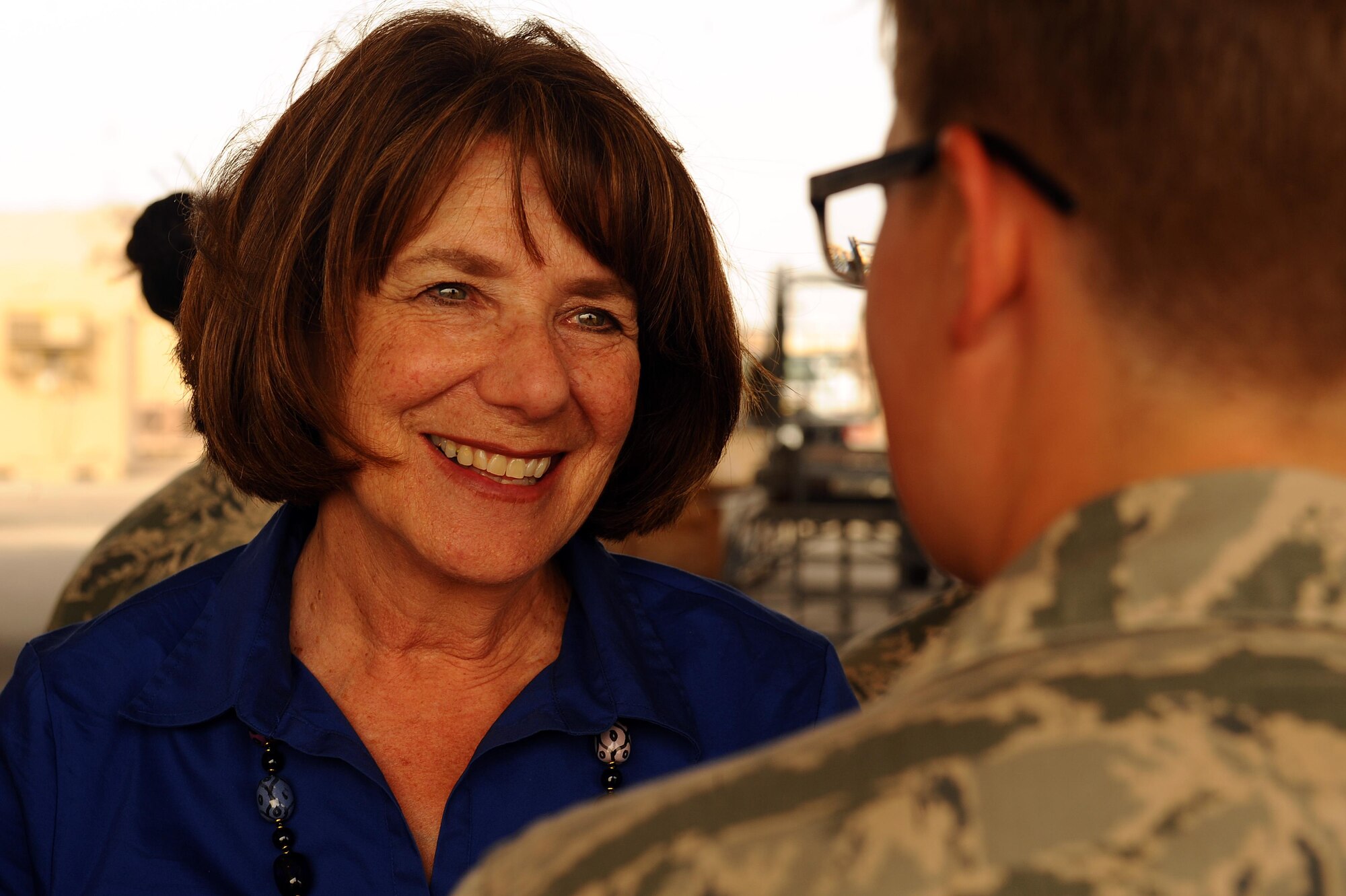 Rep. Susan Davis, House Armed Services Committee, speaks with female U.S. Service members during a visit to Southwest Asia, May, 5, 2015. Davis provided female Service members with t Mother’s Day cards created by elementary school students in California to honor all the women spending the holiday away from their children. (U.S. Air Force photo/Tech. Sgt. Brittany E. Jones/Released)