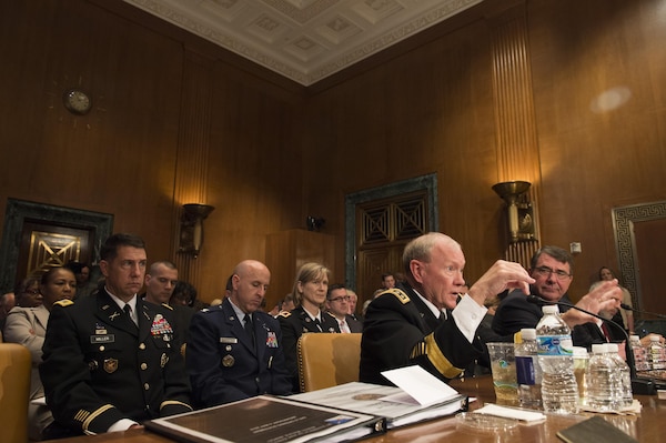 Chairman of the Joint Chiefs of Staff Gen. Martin E. Dempsey testifies before the Senate Appropriations Defense Subcommittee in Washington D.C. May 6, 2015. President Barack H. Obama presented a defense budget plan for fiscal year 2016 calling for $585 billion in defense spending.