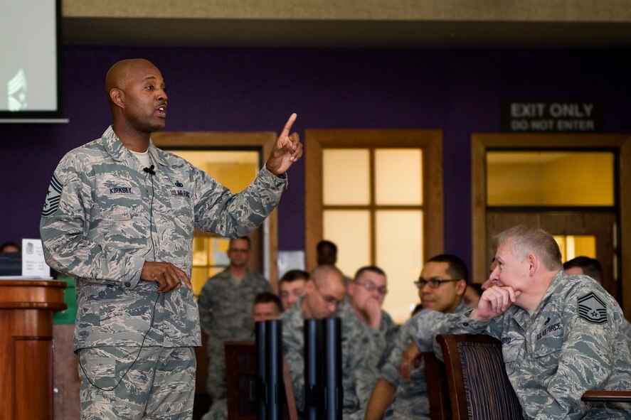 Chief Master Sgt. Cameron Kirksey, Air Force Reserve Command command chief master sergeant, speaks to Airmen during an all-call at Grissom Air Reserve Base, Ind., May 3, 2015. Kirksey serves as the direct link between the enlisted force, advising Lt. Gen. James Jackson, Chief of Air Force Reserve and AFRC commander, on matters concerning the health, morale, and welfare of AFRC’s enlisted force. (U.S. Air Force photo/Senior Airman Jami Lancette)
