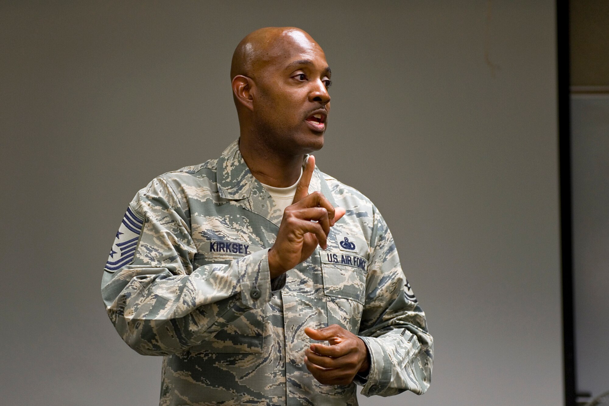 Chief Master Sgt. Cameron Kirksey, Air Force Reserve Command command chief master sergeant, speaks to Airmen from the 434th Civil Engineer Squadron during a visit at Grissom Air Reserve Base, Ind., May 2, 2015. Kirksey represents the highest level of enlisted leadership in the Air Force Reserve Command. (U.S. Air Force photo/Tech. Sgt. Benjamin Mota)