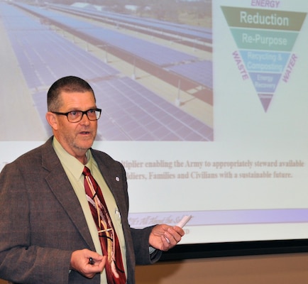 Todd Dirmeyer, the Army's 2014 Energy Manager of the Year from Fort Hunter Liggett, California, shares his installation's Net Zero strategy with Army Resource Efficiency Managers during an April conference at Redstone Arsenal, Alabama.  