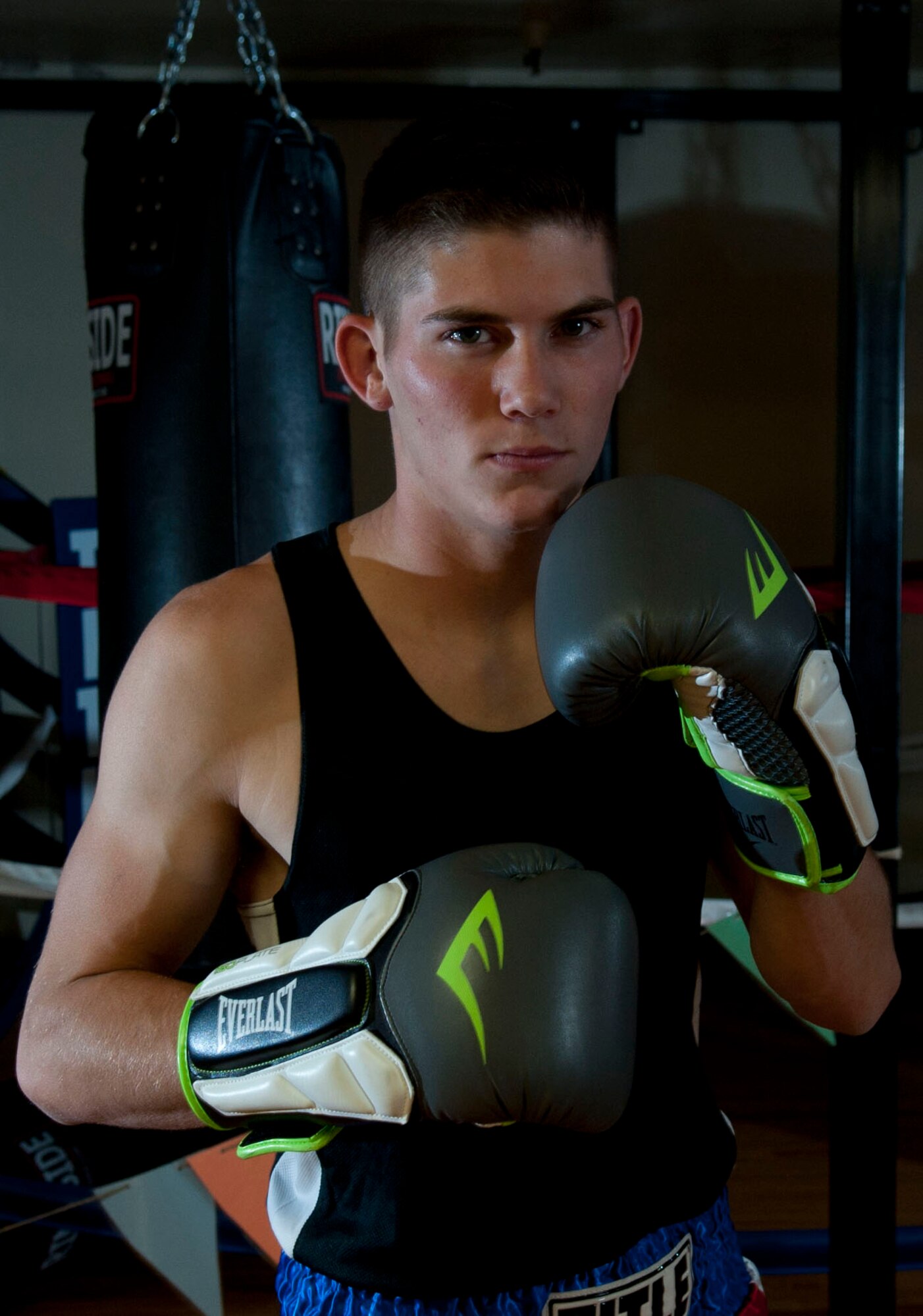 Airman 1st Class Justin Krantz, 99th Civil Engineer Squadron electrical systems apprentice, poses for a photo at the Community Center on Nellis Air Force Base, Nev., May 5, 2015.  Krantz has gone to numerous tournaments and participated in about 50 amateur fights. (U.S. Air Force photo by Airman 1st Class Mikaley Towle)