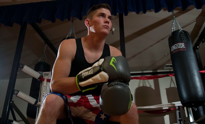 Airman 1st Class Justin Krantz, 99th Civil Engineer Squadron electrical systems apprentice, poses for a photo at the Community Center on Nellis Air Force Base, Nev., May 5, 2015. Krantz was 2014 Texas Golden Gloves runner up and took seventh in the nation in the 2010 Junior Golden Gloves. (U.S. Air Force photo by Airman 1st Class Mikaley Towle)