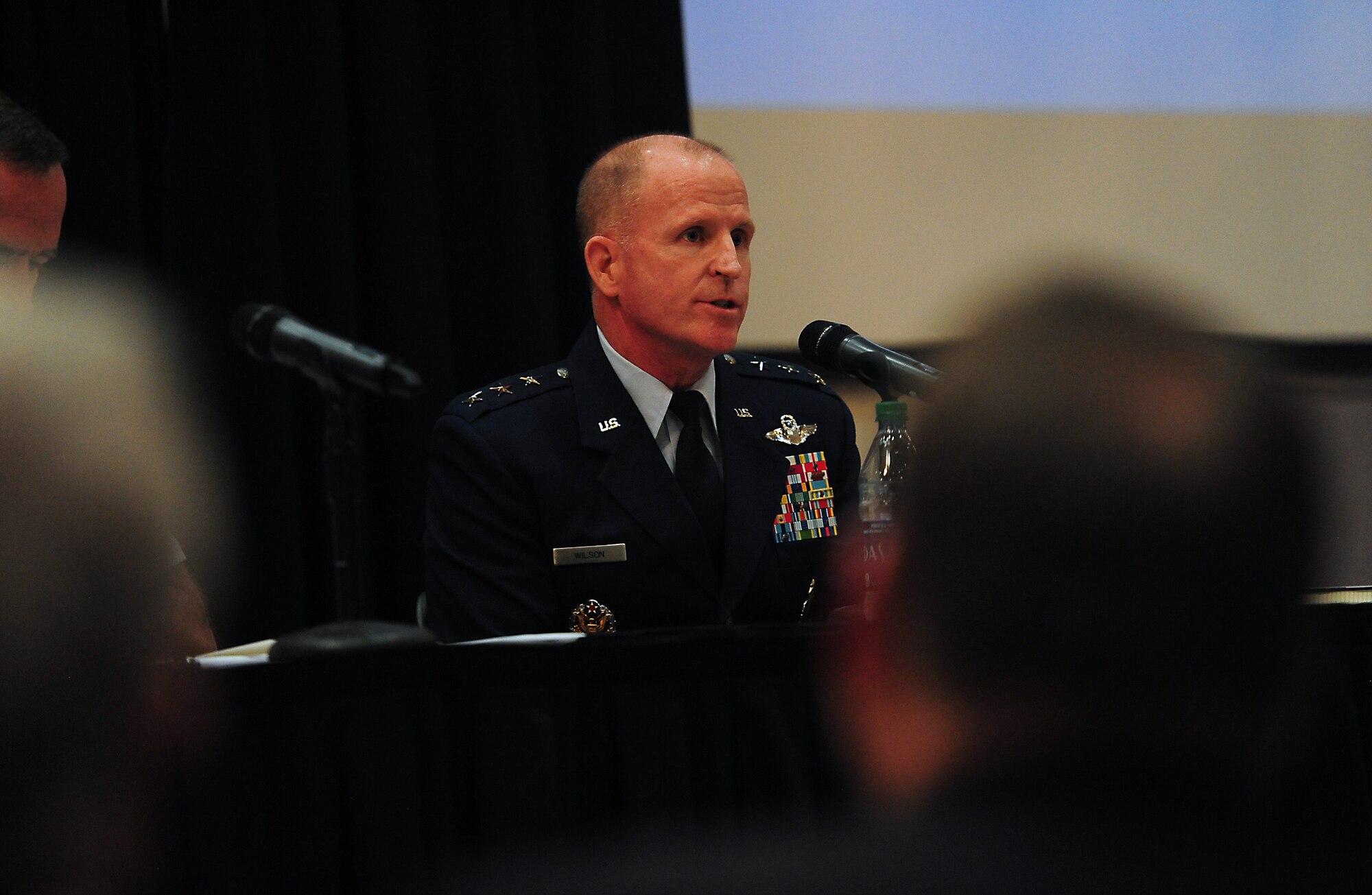 Lt. Gen. Stephen Wilson, Air Force Global Strike Command commander, answers questions on the command’s mission and investment in improving the command’s culture as part of a panel during a strategic deterrence symposium, May 5, 2015, at the University of Central Missouri in Warrensburg, Missouri. Senior leaders from USSTRATCOM, Air Force Global Strike Command and U.S. Submarine Forces discussed the state of current and future nuclear deterrence forces. (U.S. Air Force photo by Airman 1st Class Joel Pfiester/Released)