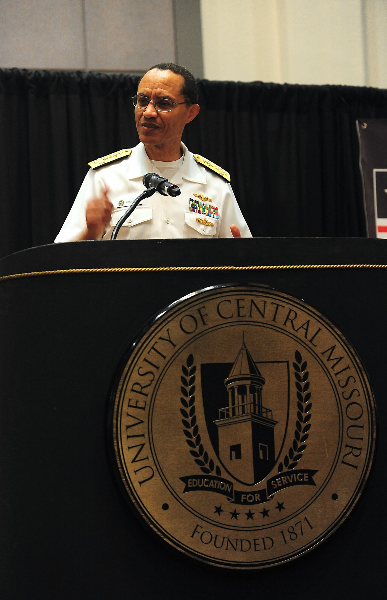 Admiral Cecil D. Haney, U.S. Strategic Command commander, speaks during a strategic deterrence symposium, May 5, 2015, at the University of Central Missouri in Warrensburg, Missouri. Senior leaders from USSTRATCOM, Air Force Global Strike Command and U.S. Submarine Forces discussed the state of current and future nuclear deterrence forces. USSTRATCOM is one of nine DoD unified combatant commands and is charged with strategic deterrence; space operations; cyberspace operations; joint electronic warfare; global strike; missile defense; intelligence, surveillance and reconnaissance; combating weapons of mass destruction; and analysis and targeting. (U.S. Air Force photo by Airman 1st Class Joel Pfiester/Released)