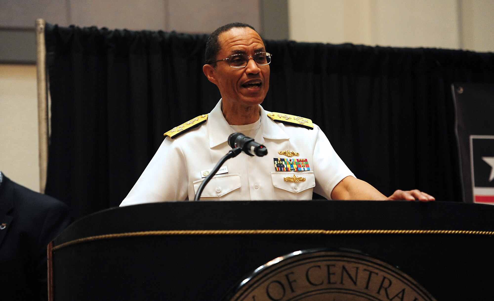 Admiral Cecil D. Haney, U.S. Strategic Command commander, speaks during a strategic deterrence symposium, May 5, 2015, at the University of Central Missouri in Warrensburg, Missouri. Senior leaders from USSTRATCOM, Air Force Global Strike Command and U.S. Submarine Forces discussed the state of current and future nuclear deterrence forces. USSTRATCOM is one of nine DoD unified combatant commands and is charged with strategic deterrence; space operations; cyberspace operations; joint electronic warfare; global strike; missile defense; intelligence, surveillance and reconnaissance; combating weapons of mass destruction; and analysis and targeting. (U.S. Air Force photo by Airman 1st Class Joel Pfiester/Released)