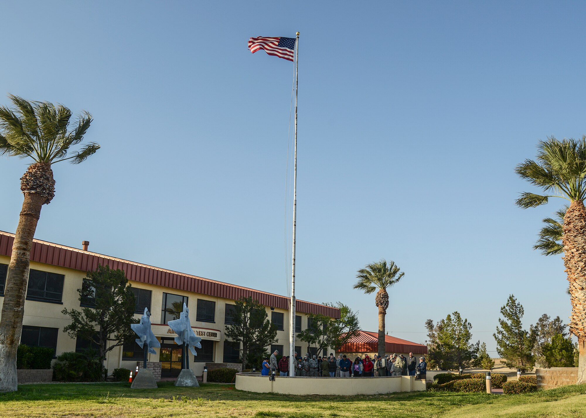 Edwards personnel gathered at the flag pole in front of Bldg. 1 for the National Day of Prayer May 7. (U.S. Air Force photo by Rebecca Amber)