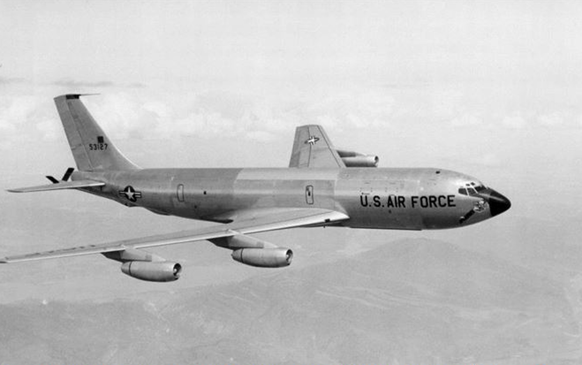 A KC-135 Stratotanker, tail number 55-3127, is pictured in flight June 28, 1957, to Castle Air Force Base, Calif. This was the first KC-135 delivered to the Strategic Air Command and assigned to the 93rd Air Refueling Squadron in 1957. (Courtesy photo/Boeing)