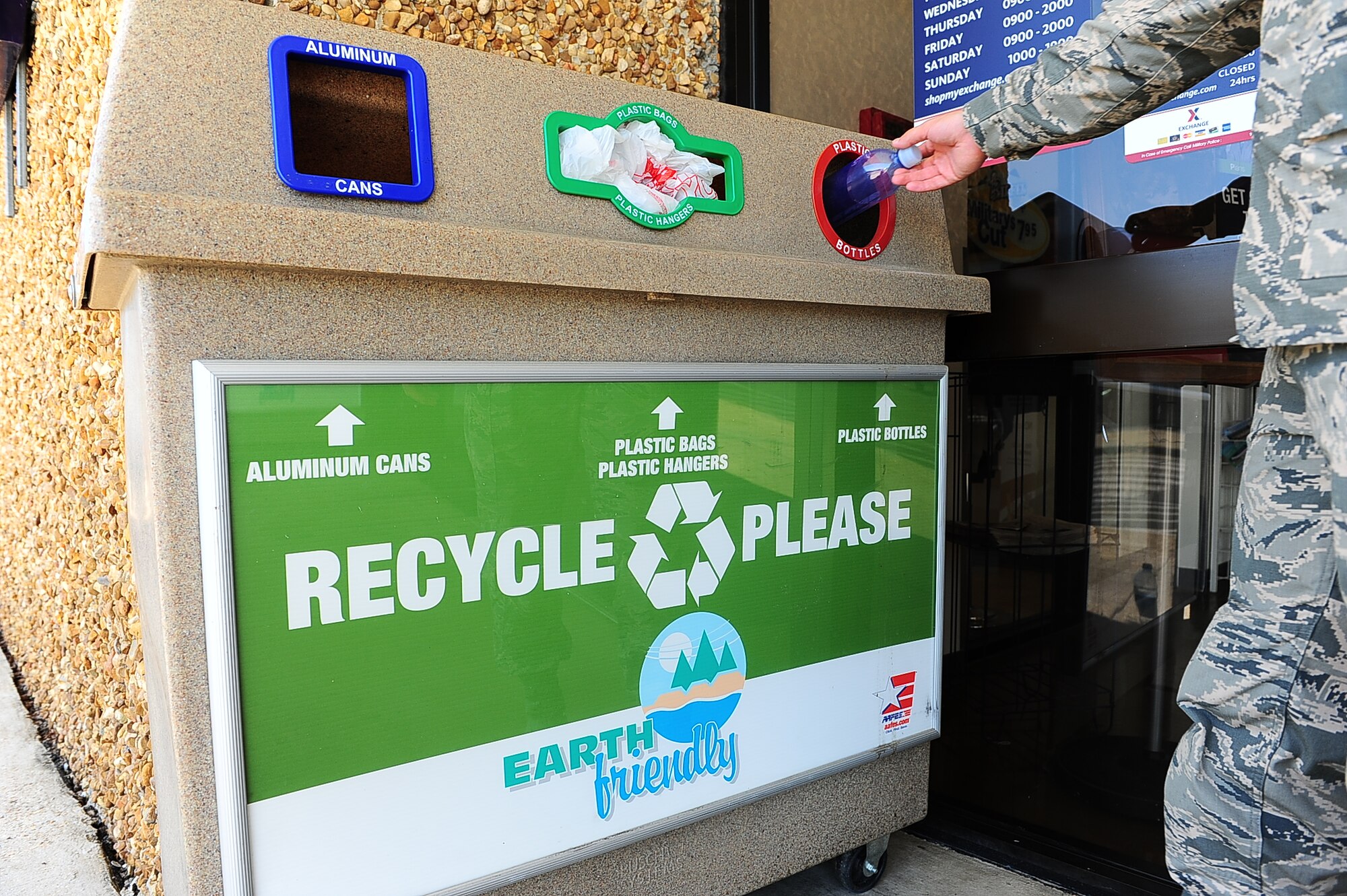 The Columbus Air Force Base Recycling Center on Columbus Air Force Base, Mississippi, processes both plastic and glass bottles. Glass bottles are turned into crushed pellets suitable for aquarium use, drainage gravel or decorative gravel, and the pellets are free for the asking. (U.S. Air Force photo/Airman Daniel Lile)