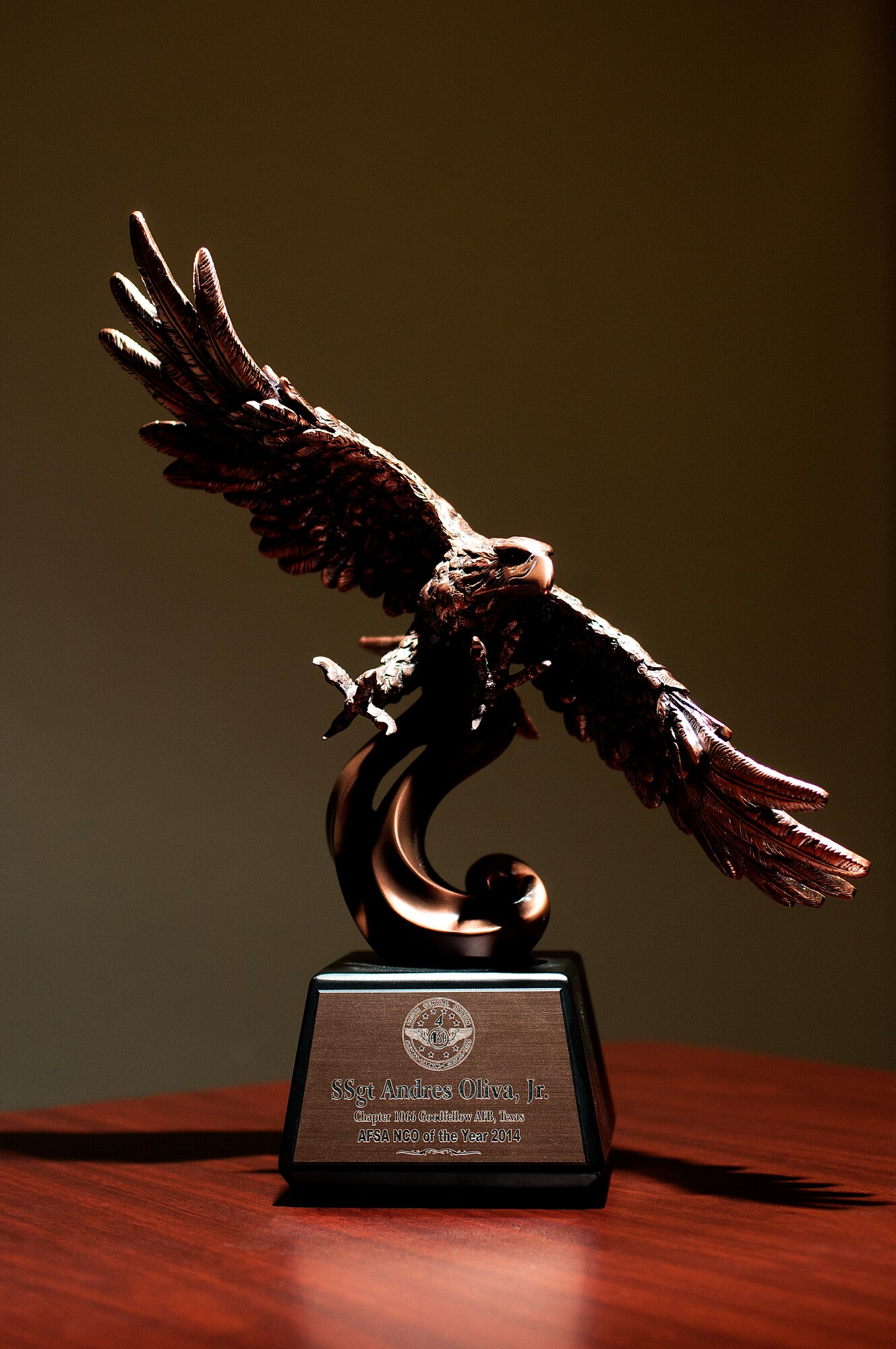 U.S. Air Force Tech. Sgt. Andres N. Oliva Jr., 316th Training Squadron military training leader, poses with the Air Force Sergeant Association NCO of the Year award at the 316th TRS dormitories on Goodfellow Air Force Base, Texas, May 6, 2015. Oliva won the award for the division four category, a chapter spanning from Texas to Mississippi. (U.S. Air Force photo by Senior Airman Scott Jackson/Released)