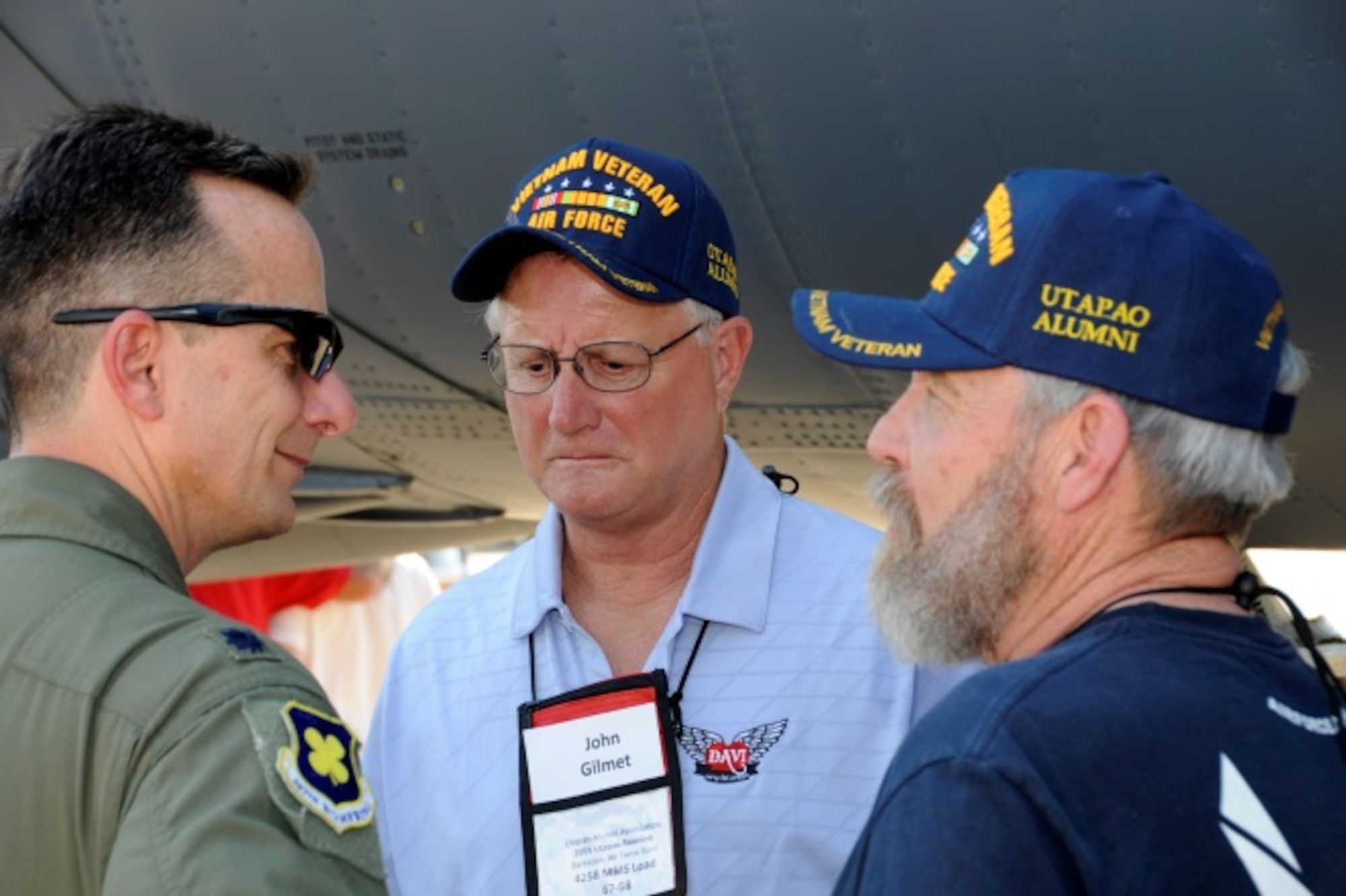 U.S. Air Force Lieutenant Colonel Denis Heinz, 307th Bomb Wing, Barksdale Air Force Base, La., speaks with two Vietnam Veterans who served at U-Tapao Royal Thai Navy Airfield during the Vietnam War on May 1, 2015. The veterans were given a VIP tour of a Reserve B-52 Stratofortress rededicated the Lone Star Lady II in recognition of Vietnam Veterans and the sacrifices they and their families made. (U.S. Air Force photo by Master Sgt. Laura Siebert/Released) 