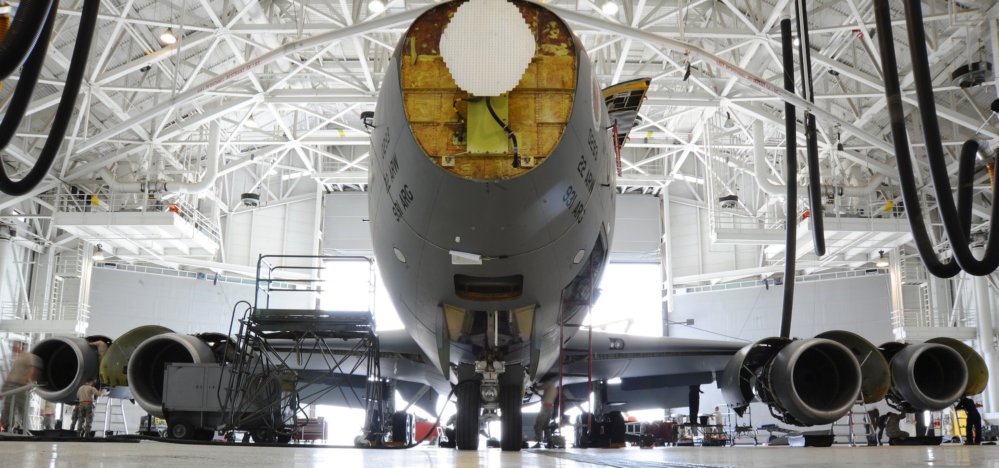 22nd Maintenance Squadron Airmen work on a KC-135 Stratotanker in Hangar 10, April 6, 2015 at McConnell Air Force Base, Kan. Hangar 10 is on loan from the 184th Intelligence Wing after one of the 22nd Air Refueling Wing’s hangars was torn down in order to accommodate new hangars for the incoming KC-46 Pegasus. (U.S. Air Force photo by Airman 1st Class Christopher Thornbury) 