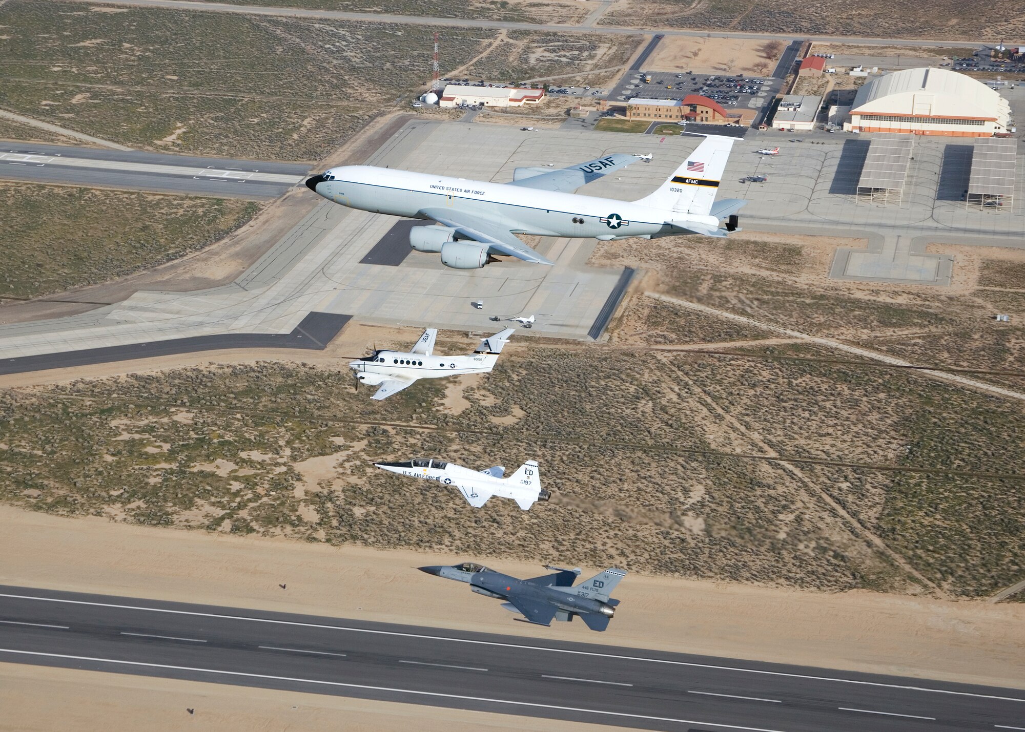 While the 445th Flight Test Squadron was active, the squadron flew four airframes under its tenure, which included the KC-135 Stratotanker, C-12 Huron, T-38 Talon and F-16 Falcon. As of May 1, the 445th Flight Test Squadron has been consolidated into three other Combined Test Forces. From 2002 until present, the mission of the 445th FLTS and Test Operations Combined Test Force has been to conduct flight testing for the warfighter, support flight test execution, and to be a center of excellence for all types of flight test training. (U.S. Air Force photo by Jet Fabara)