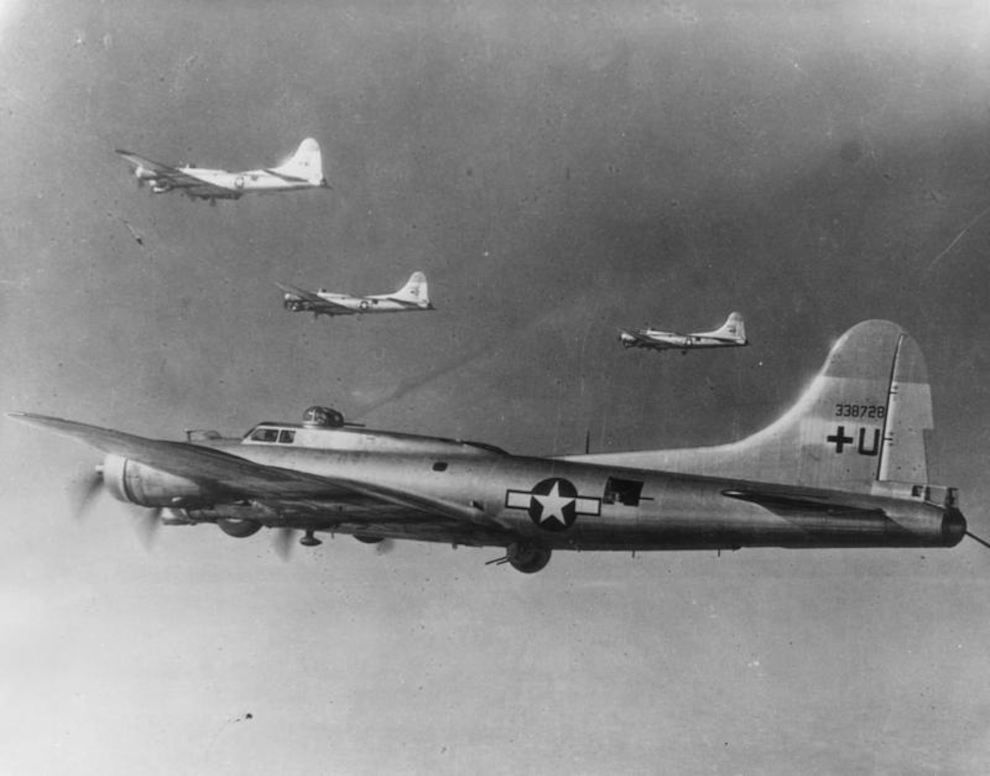 A flight of B-17 Flying Fortresses of the 490th Bomb Group take to the skies. The 490th BG, like the 486th and 487th Bomb Groups, transitioned from flying B-24 Liberators to B-17 Flying Fortresses, which were used in combat missions from late-August 1944. Based at Eye, Suffolk, the group were focused in the early months in flying tactical missions in support of ground forces in northern France. (Photo and caption courtesy of American Air Museum in Britain website)