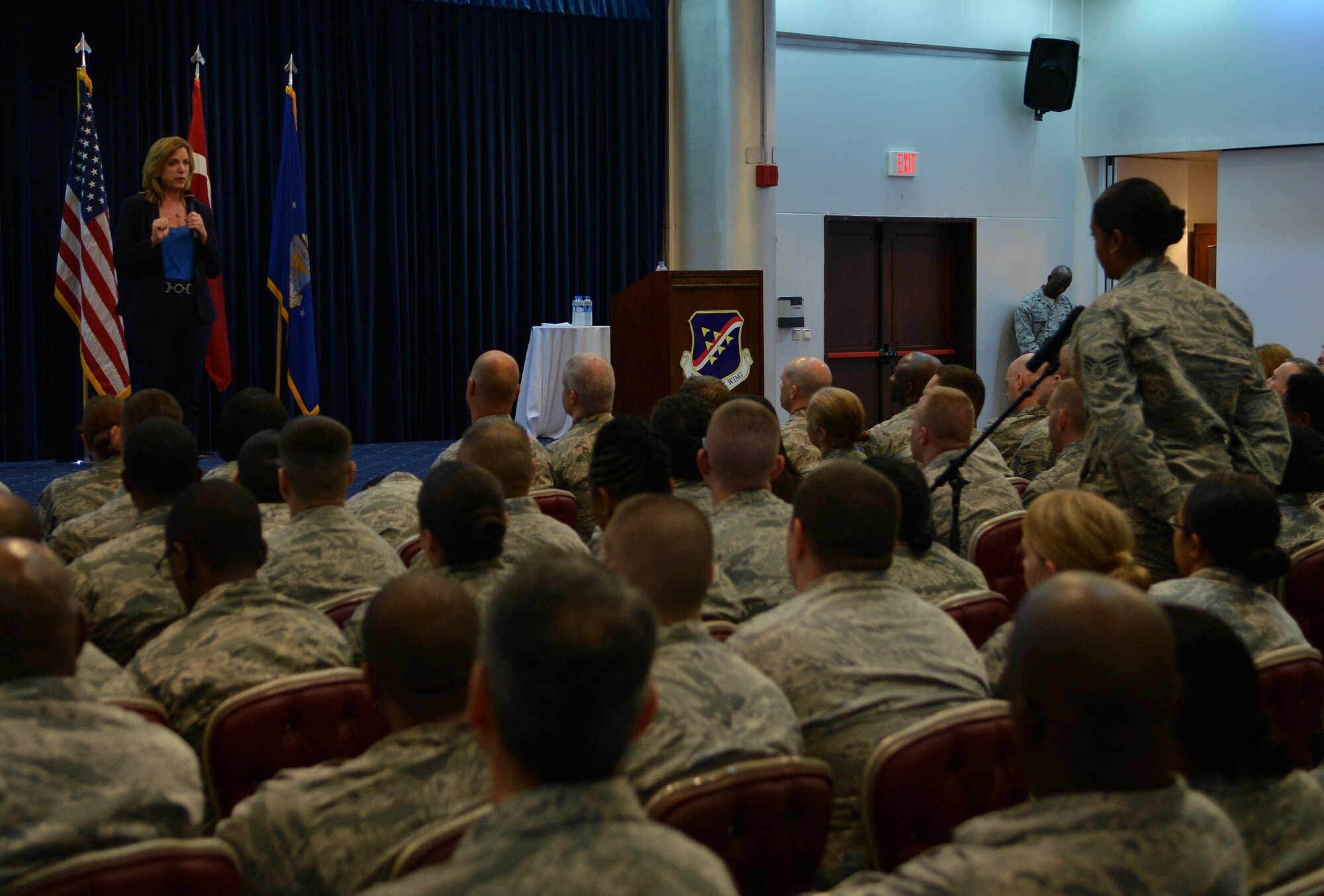 Secretary of the Air Force Deborah Lee James speaks to Airmen during an all-call May 6, 2015, at Incirlik Air Base, Turkey. During the all-call, James spoke about her priorities and goals for the Air Force. (U.S. Air Force photo by Staff Sgt. Caleb Pierce/Released)