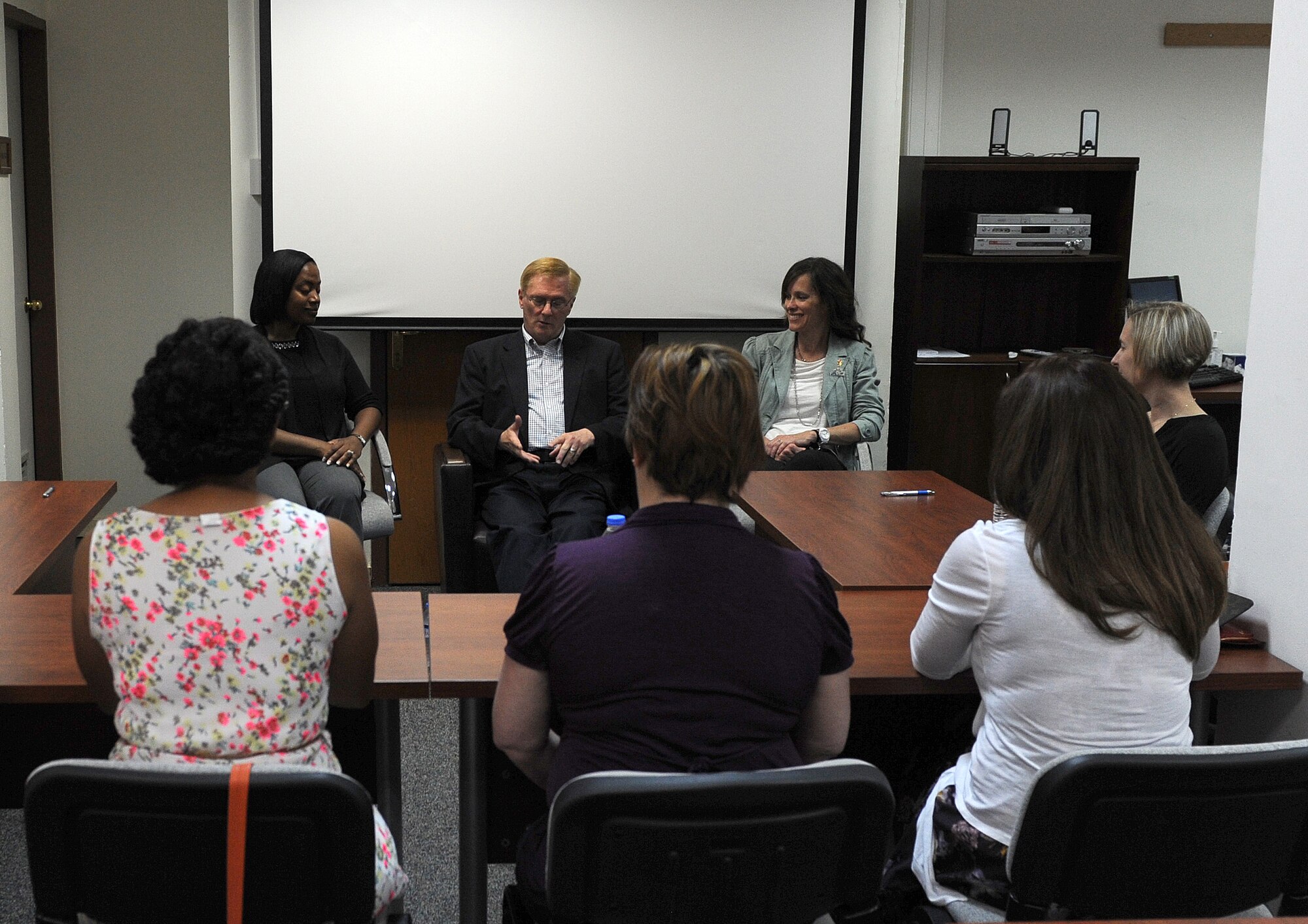 Frank Beatty, spouse of Secretary of the Air Force Deborah Lee James, speaks with Team Incirlik key spouses during a one-day visit May 6, 2015 at Incirlik Air Base, Turkey. James visited Incirlik to get a firsthand look at the base’s mission, capabilities and the Airmen who support it. (U.S. Air Force photo by Senior Airman Michael Battles/Released)