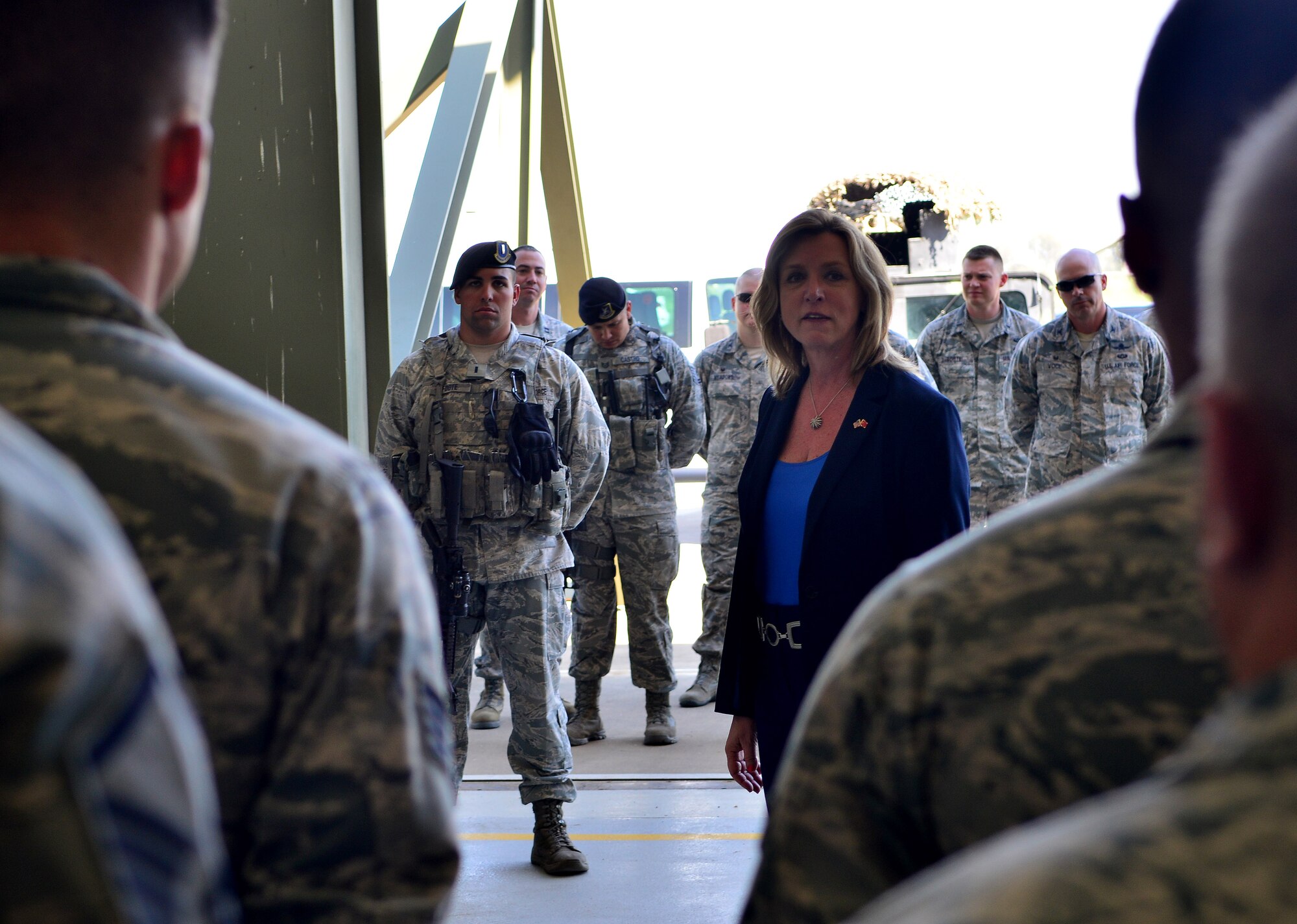 Secretary of the Air Force Deborah Lee James talks with 39th Maintenance Squadron and 39th Security Forces Squadron personnel, during a visit May 6, 2015 at Incirlik Air Base, Turkey. James visited Incirlik to get a firsthand look at the base’s mission, capabilities and the Airmen who support it. (U.S. Air Force photo by Staff Sgt. Caleb Pierce/Released)