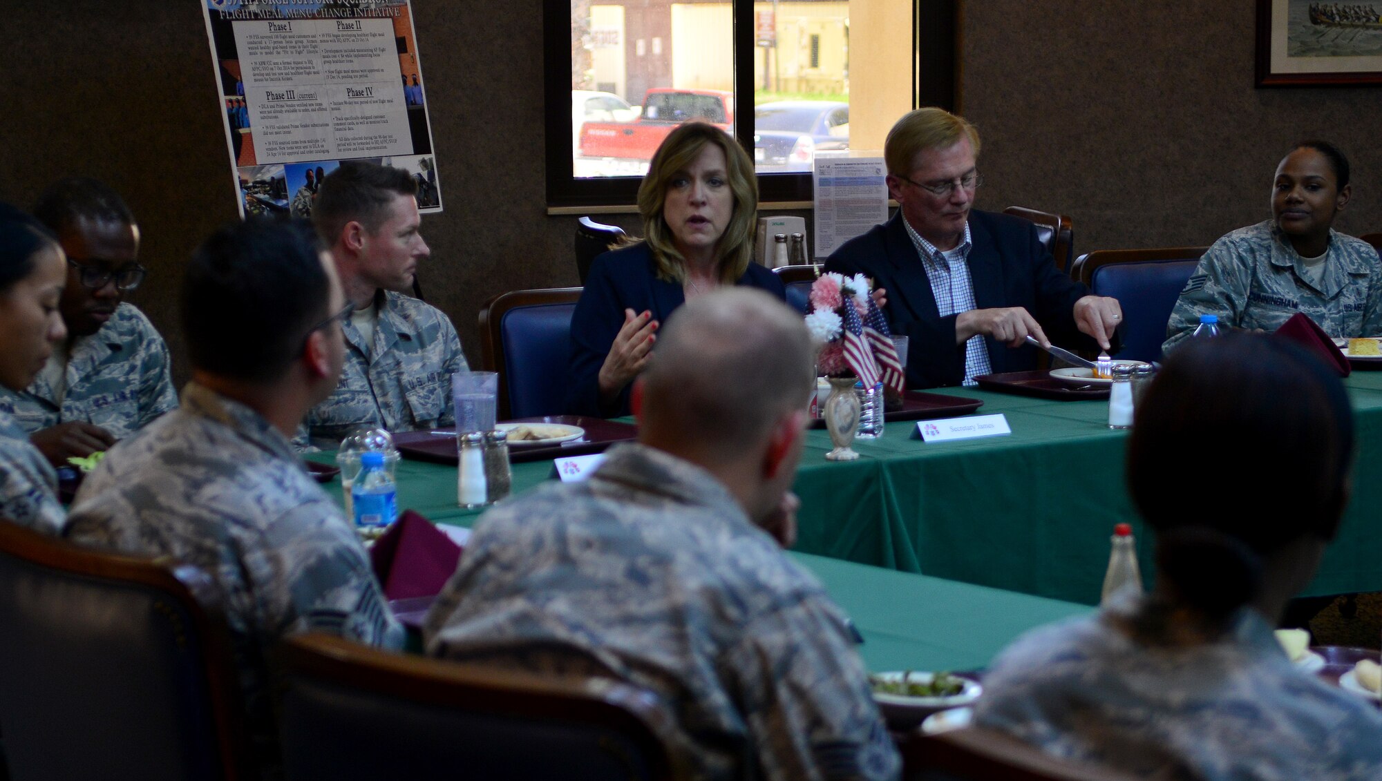Secretary of the Air Force Deborah Lee James meets with Airmen of the 39th Air Base Wing during lunch at the Sultan’s Inn Dining Facility May 6, 2015, at Incirlik Air Base, Turkey. The meeting was a chance for Airmen to speak directly with James about Air Force topics of interest. (U.S. Air Force photo by Staff Sgt. Caleb Pierce/Released)
