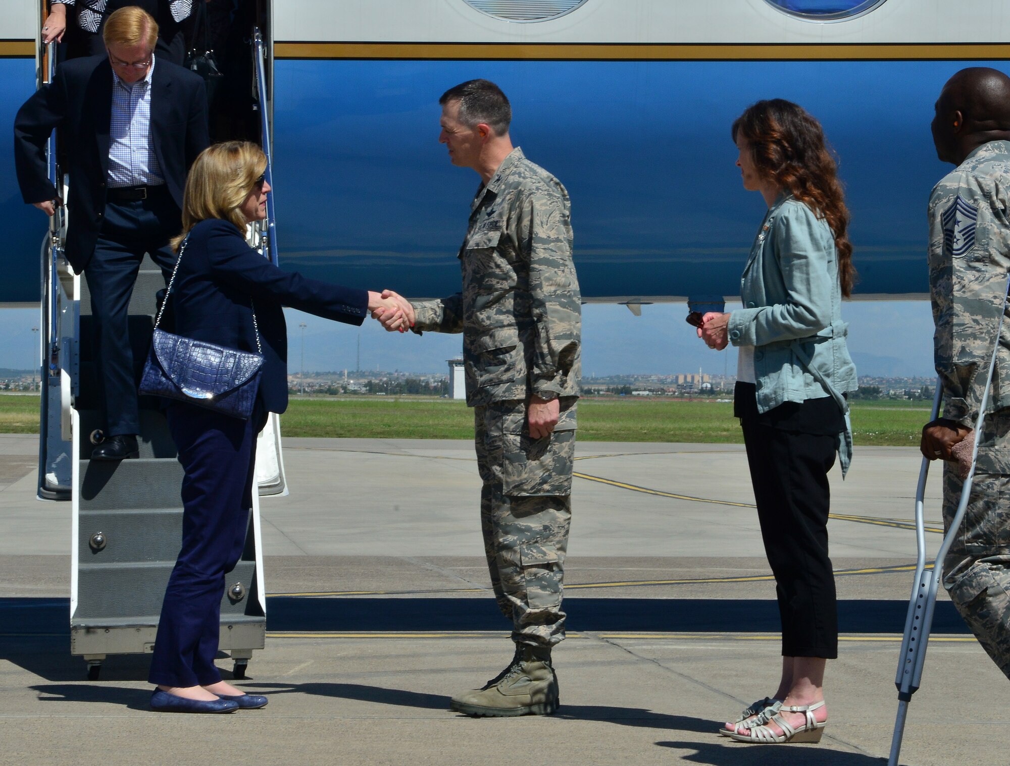 Secretary of the Air Force Deborah Lee James is greeted by Col. Craig Wills, 39th Air Base Wing commander May 6, 2015, at Incirlik Air Base, Turkey.  James visited Incirlik to meet with Airmen and get a firsthand look at how they accomplish the mission of the 39th Air Base Wing. (U.S. Air Force photo by Staff Sgt. Caleb Pierce/Released)