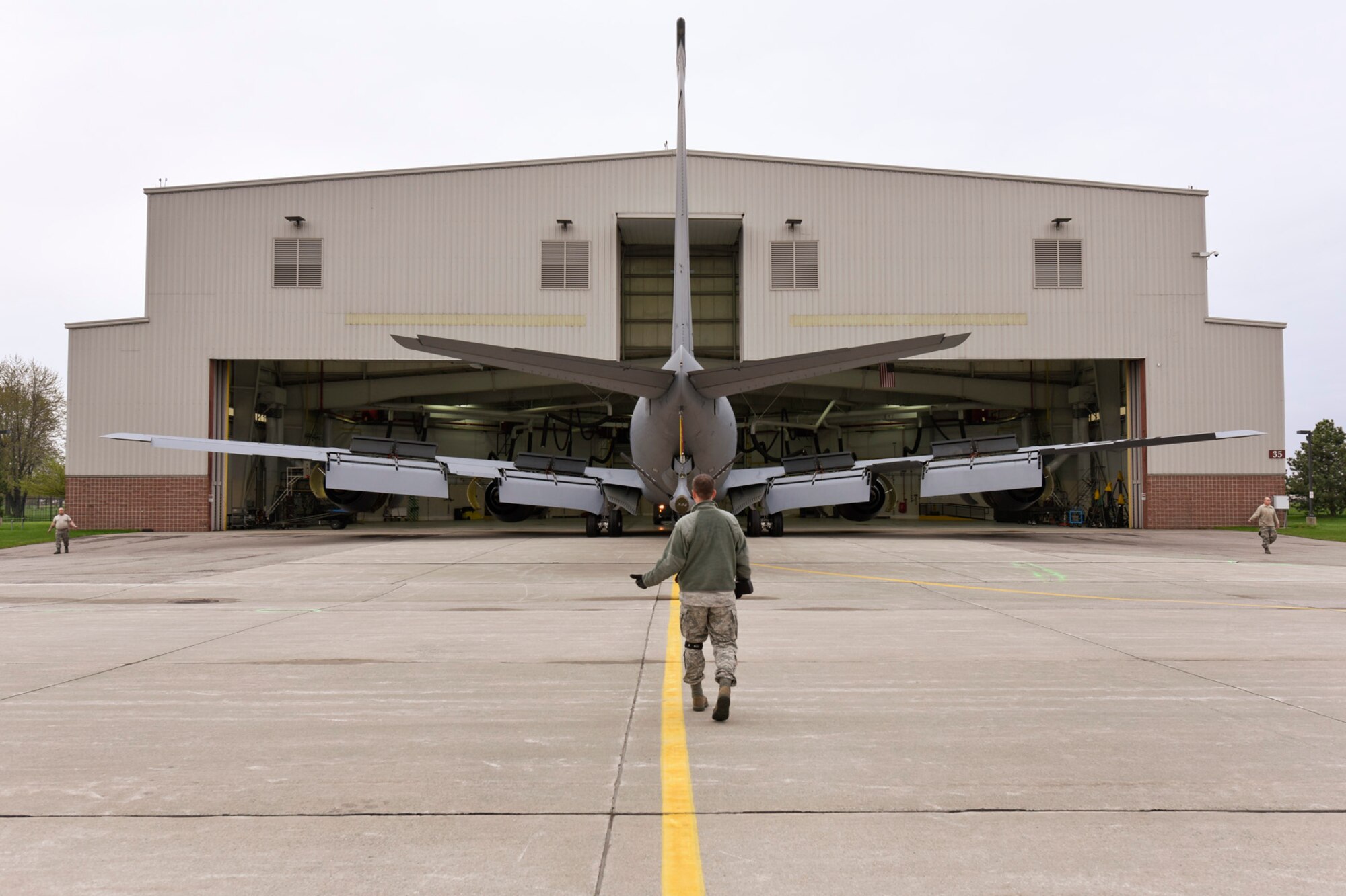 150506-Z-MI929-008 – A Michigan Air National Guard KC-135 Stratotanker is pushed out of the hangar after completing an isochronal inspection at Selfridge Air National Guard Base, Mich., May 6, 2015. An ISO is a major inspection of all of the aircraft’s systems. (U.S. Air National Guard photo by Terry Atwell.)