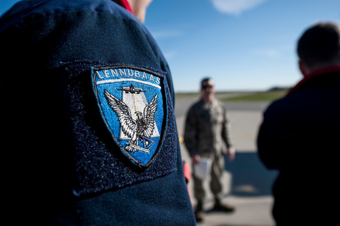 An Estonian air force patch is displayed on the shoulder of a firefighter May 4, 2015, at Ämari Air Base, Estonia. The U.S. and Estonian air forces will conduct training aimed to strengthen interoperability and demonstrate the countries' shared commitment to the security and stability of Europe. (U.S. Air Force photo by Senior Airman Rusty Frank/Released)