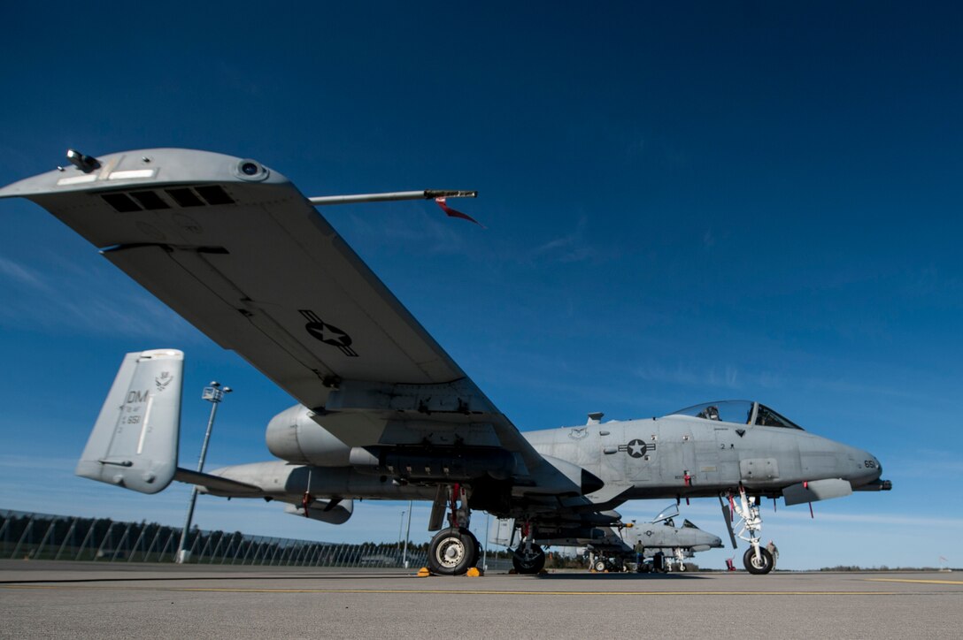An A-10 Thunderbolt II attack aircraft is parked on the flightline May 4, 2015, at Ämari Air Base, Estonia. The A-10 supports Air Force missions around the world as part of the U.S. Air Force's current inventory of strike platforms, including the F-15E Strike Eagle and the F-16 Fighting Falcon fighter aircraft. (U.S. Air Force photo by Senior Airman Rusty Frank/Released)