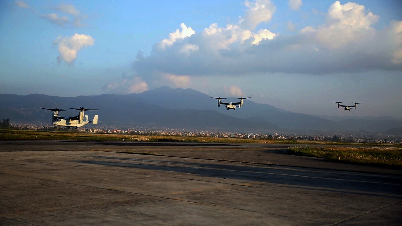 U.S. Marine V-22 Ospreys fly into Tribhuvan International Airport in Kathmandu, Nepal, May 3, 2015. The Marines brought tools and equipment in response to the Nepalese government's request for help after a magnitude-7.8 earthquake struck on April 25, 2015. The Marines are with Marine All-Weather Fighter Attack Squadron 262, Marine Aircraft Group 12, 1st Marine Aircraft Wing, 3rd Marine Expeditionary Force. U.S. Marine Corps photo by Lance Cpl. Mandaline Hatch