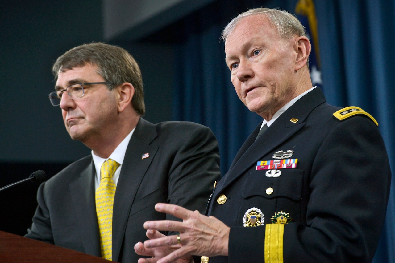 Army Gen. Martin E. Dempsey, chairman of the Joint Chiefs of Staff, answers a reporter's questions as Defense Secretary Ash Carter listens during a press conference at the Pentagon, May 7, 2015. DoD photo by Glenn Fawcett