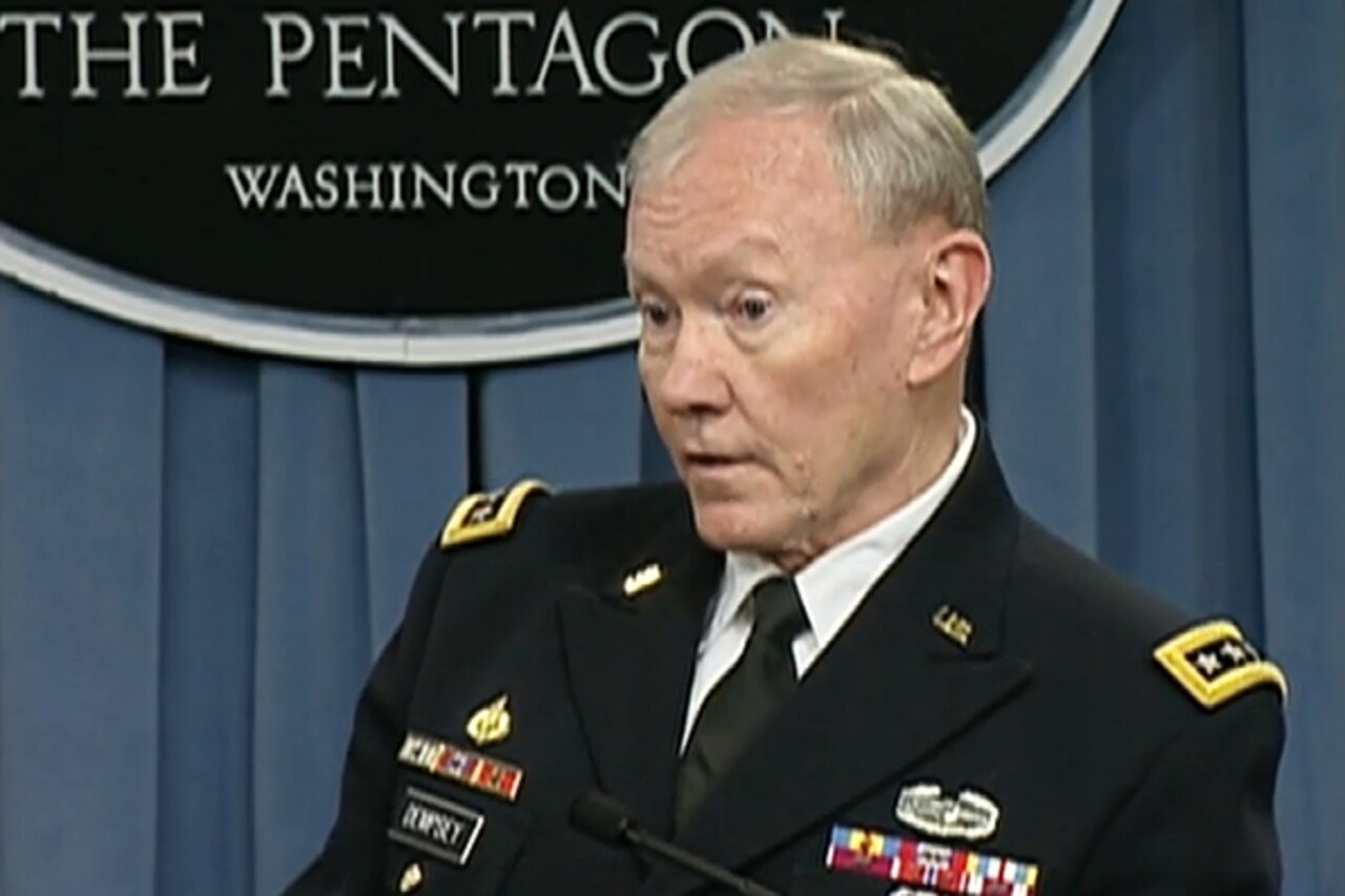 Army Gen. Martin E. Dempsey, chairman of the Joint Chiefs of Staff, responds to questions from reporters during a news briefing with Defense Secretary Ash Carter at the Pentagon, May 7, 2015. DoD screen shot