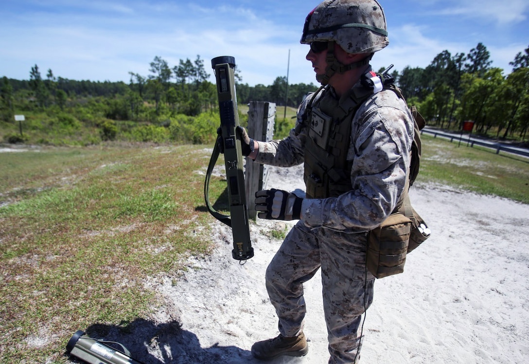 A Marine prepares to load an MK153 shoulder-launched multipurpose assault weapon  during live-fire training at Marine Corps Base Camp Lejeune, N.C., May 5, 2015. The Marines are assigned to the 1st Battalion, 8th Marine Regiment.