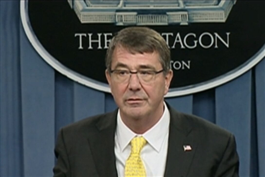 Defense Secretary Ash Carter briefs reporters at the Pentagon, May 7, 2015. Army Gen. Martin E. Dempsey, chairman of the Joint Chiefs of Staff, joined Carter to offer comments and respond to questions.