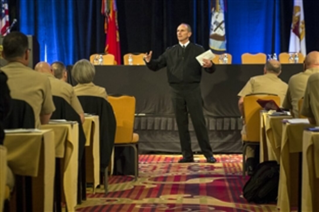Navy Adm. Jonathan W. Greenert, chief of naval operations, delivers remarks to attendees of the 2015 Navy surgeon general leadership symposium in Washington, D.C., May 6, 2015. The annual event brings together leaders from military treatment facilities and operational units to discuss the future of Navy medicine. 